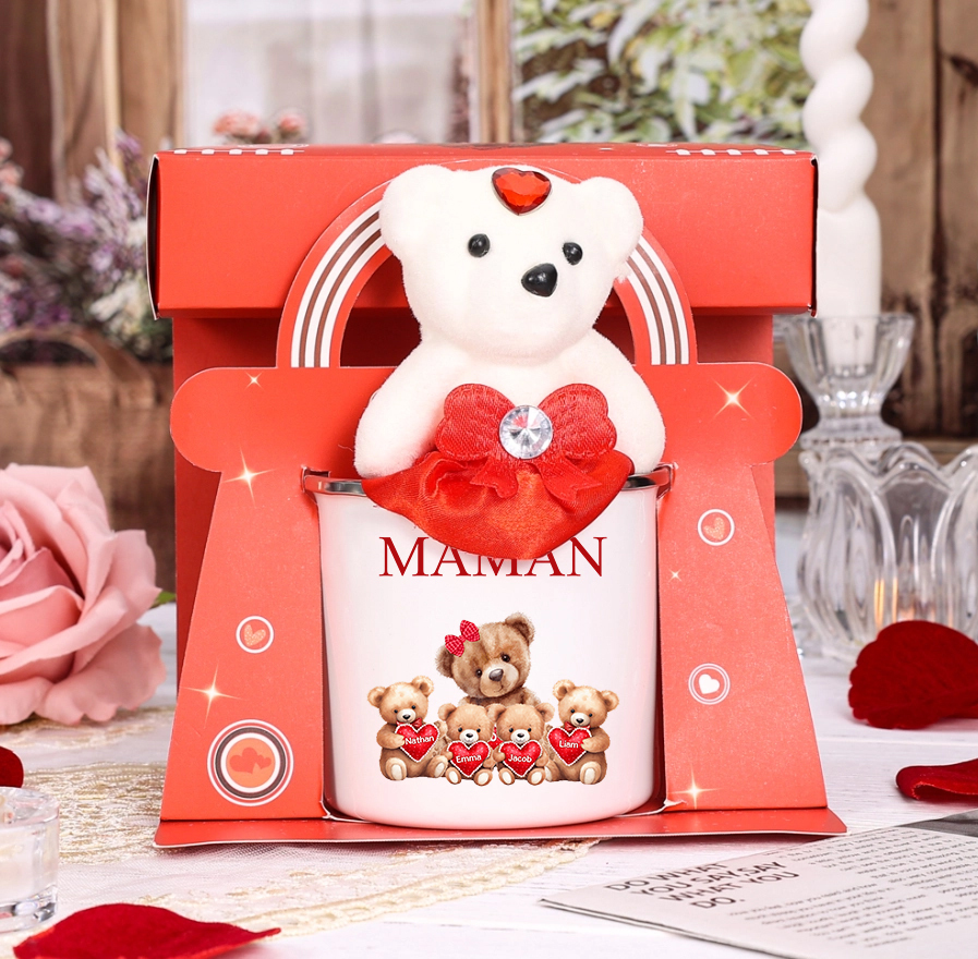À Maman/Mamie - Tasse émaillée Ours 4 Prénoms Personnalisés