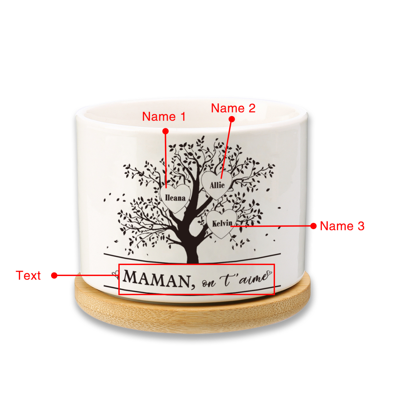 Vase/Pot de Fleurs Arbre de vie 3 Prénoms Personnalisés avec Texte Décoration de la Maison (sans plantes)
