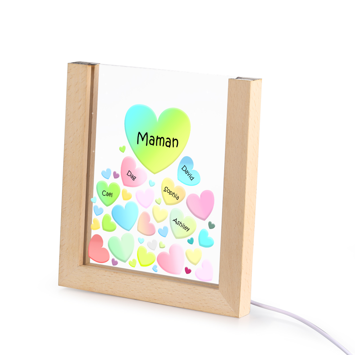 À Maman/Mamie - Lampe de chevet LED Cœurs 5 Prénoms Personnalisés avec 1 Texte