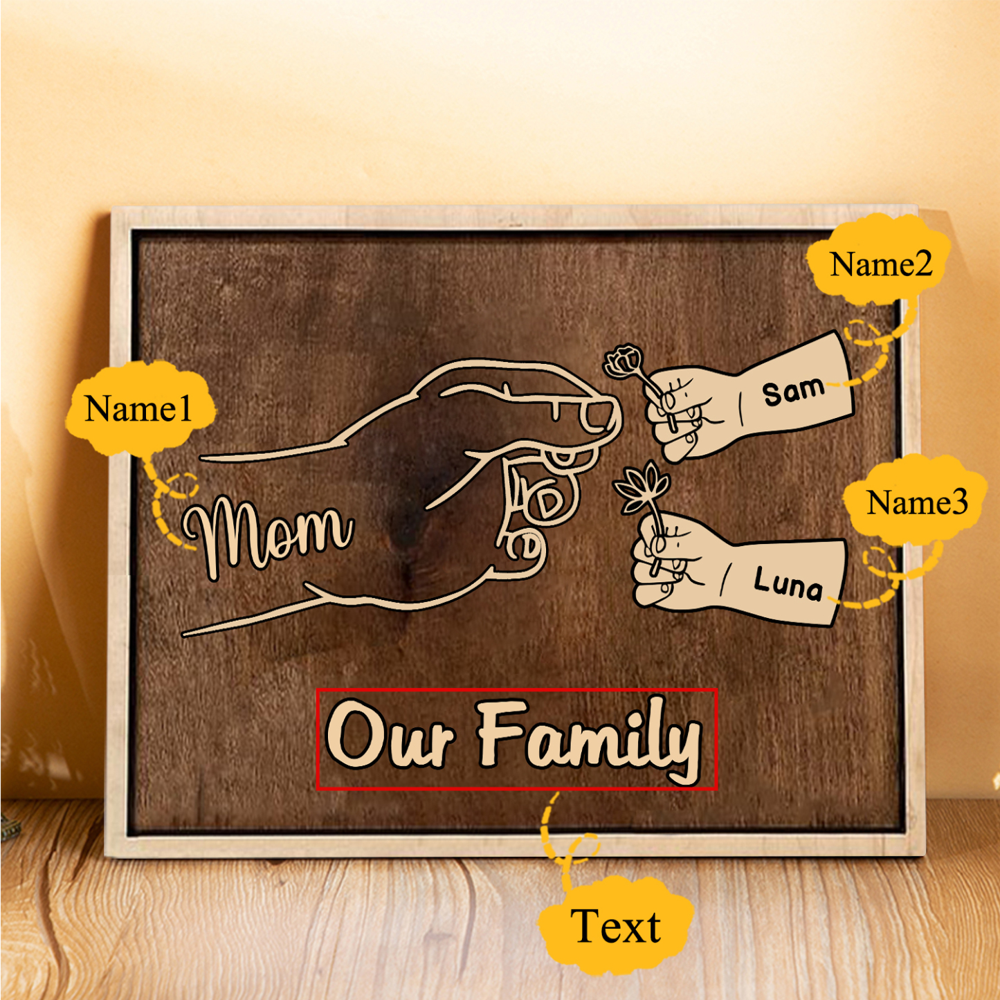 À Maman/Mamie - Cadre en Bois Main et Enfants 3 Prénoms Personnalisés avec Texte Cadeau pour Famille