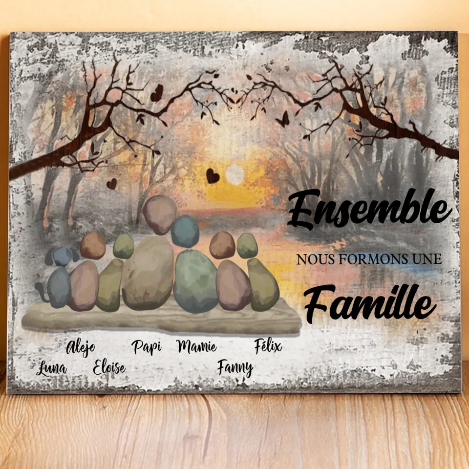 Tableau en Bois Personnalisé Famille en Galets avec Prénoms pour couple ou Famille – « Ensemble, nous formons une famille »