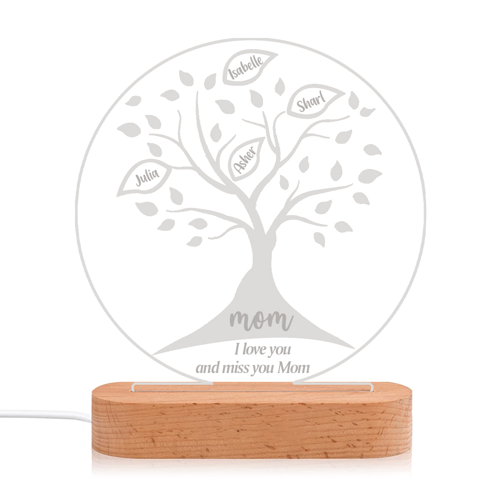 Lampe de chevet LED Arbre de vie Arbre généalogique 4 prénoms personnalisés avec 2 textes