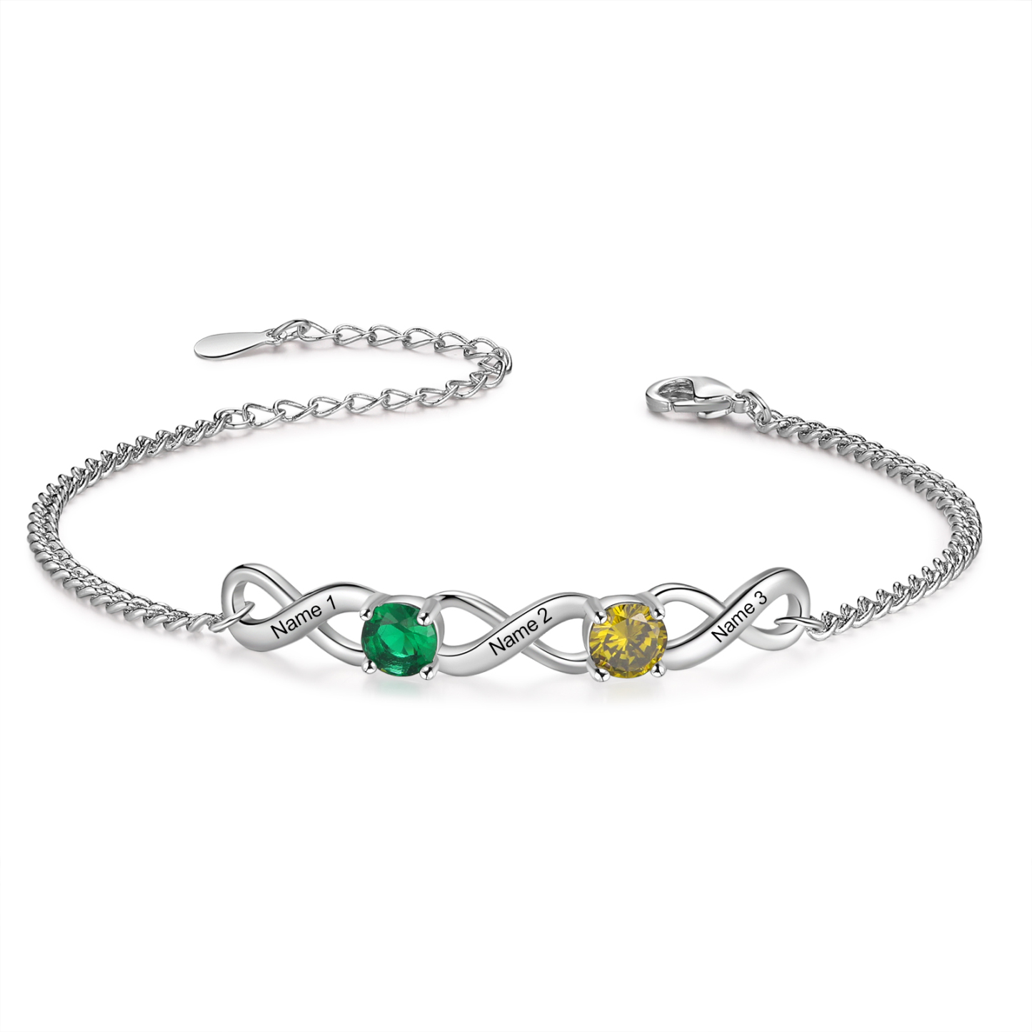 Bracelet Infini 3 Prénoms Personnalisés avec 2 Pierres de Naissance pour Femme