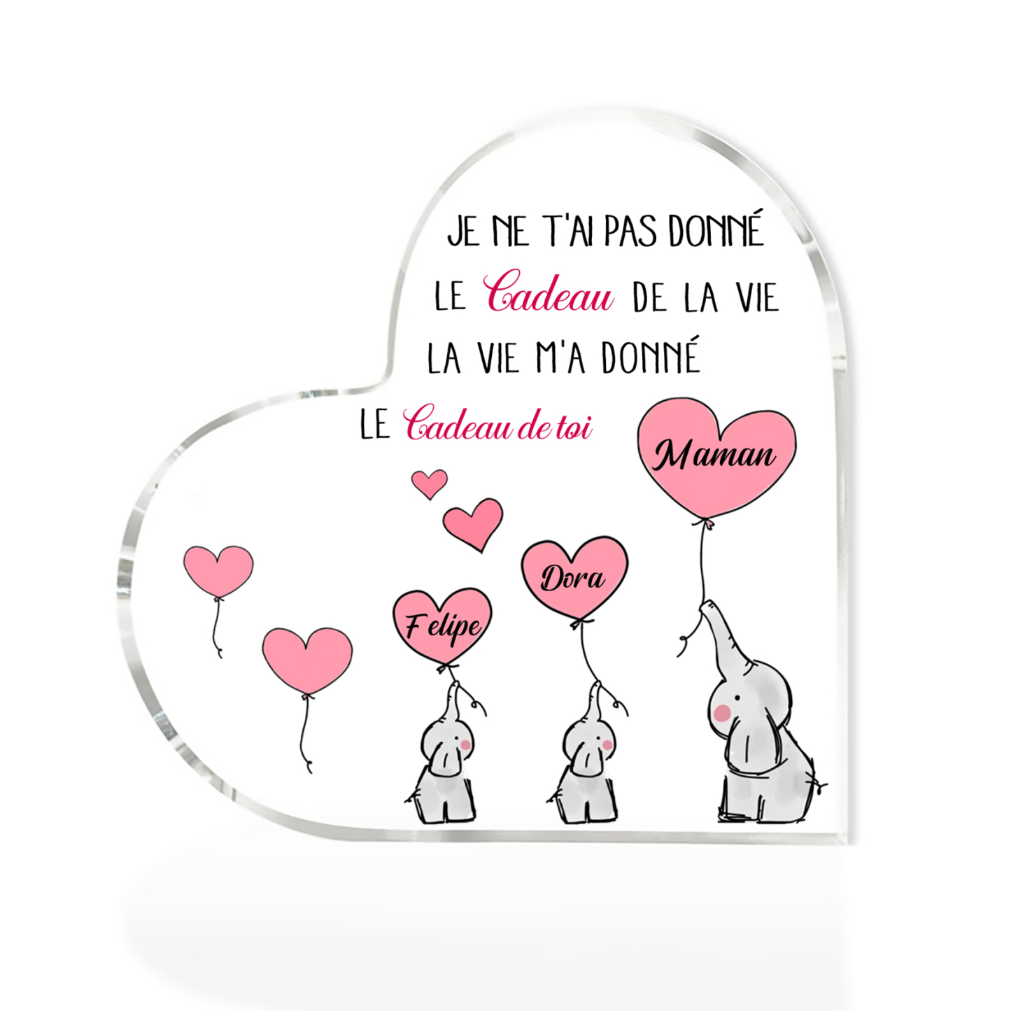 À ma Maman - Plaque Acrylique en Forme de Cœur éléphant 3 Prénoms Personnalisés