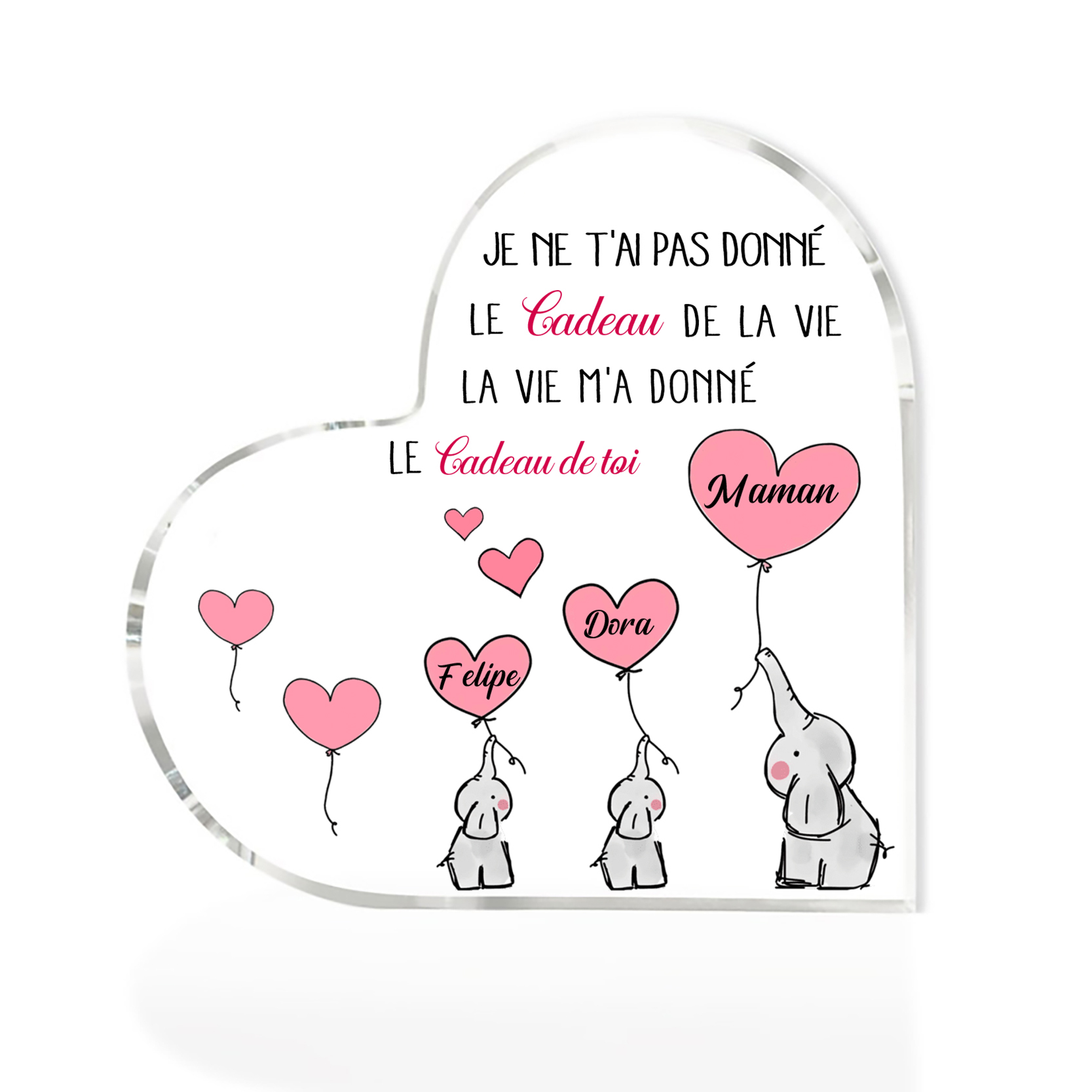 À ma Maman - Plaque Acrylique en Forme de Cœur éléphant 3 Prénoms Personnalisés