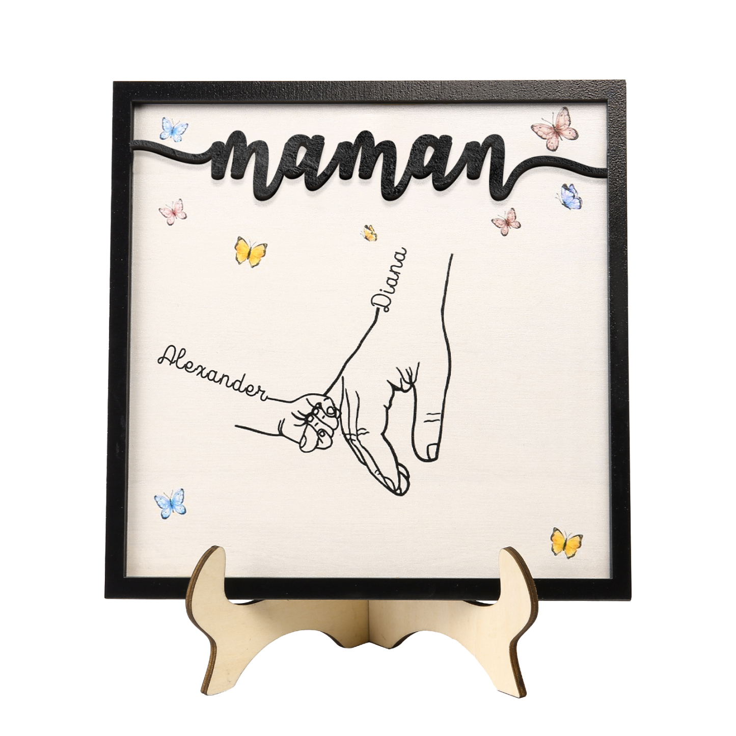 À ma Maman - Décoration en bois la Main dans la Main 2 Prénoms Personnalisés Ornement Famille