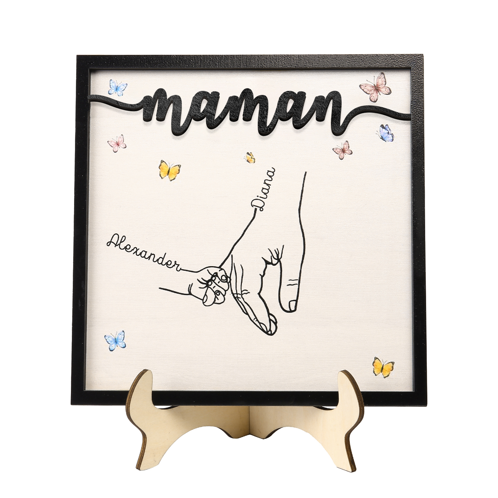 À ma Maman - Décoration en bois la Main dans la Main 2 Prénoms Personnalisés Ornement Famille