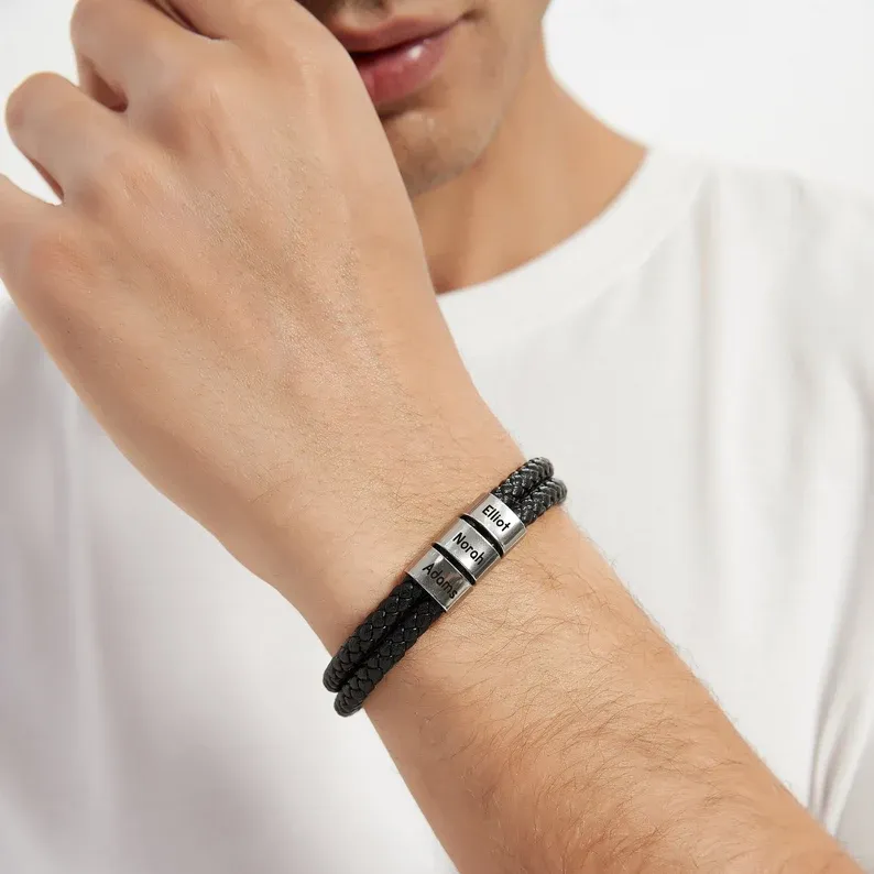 Bracelet Cuir tressé 2 Perles Prénom Personnalisé Bracelet Homme