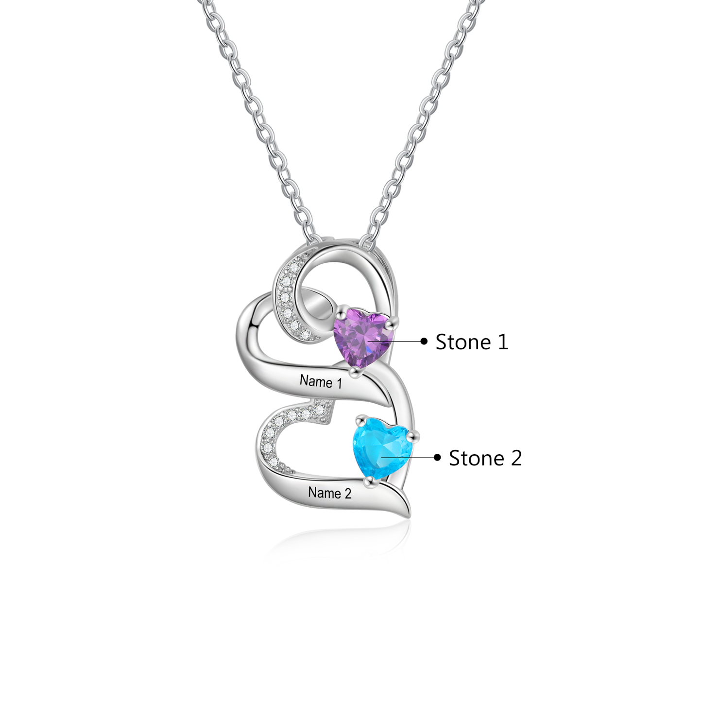 Collier Pendentif Cœur 2 Prénoms Personnalisés avec Pierre de naissance pour Femmes