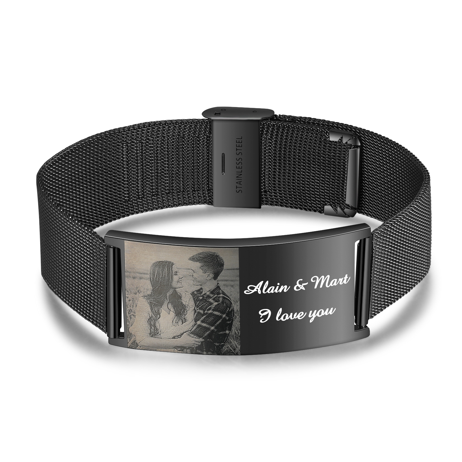Jessemade FR Bracelet Personnalisé 2 texte avec photo en Acier inoxydable