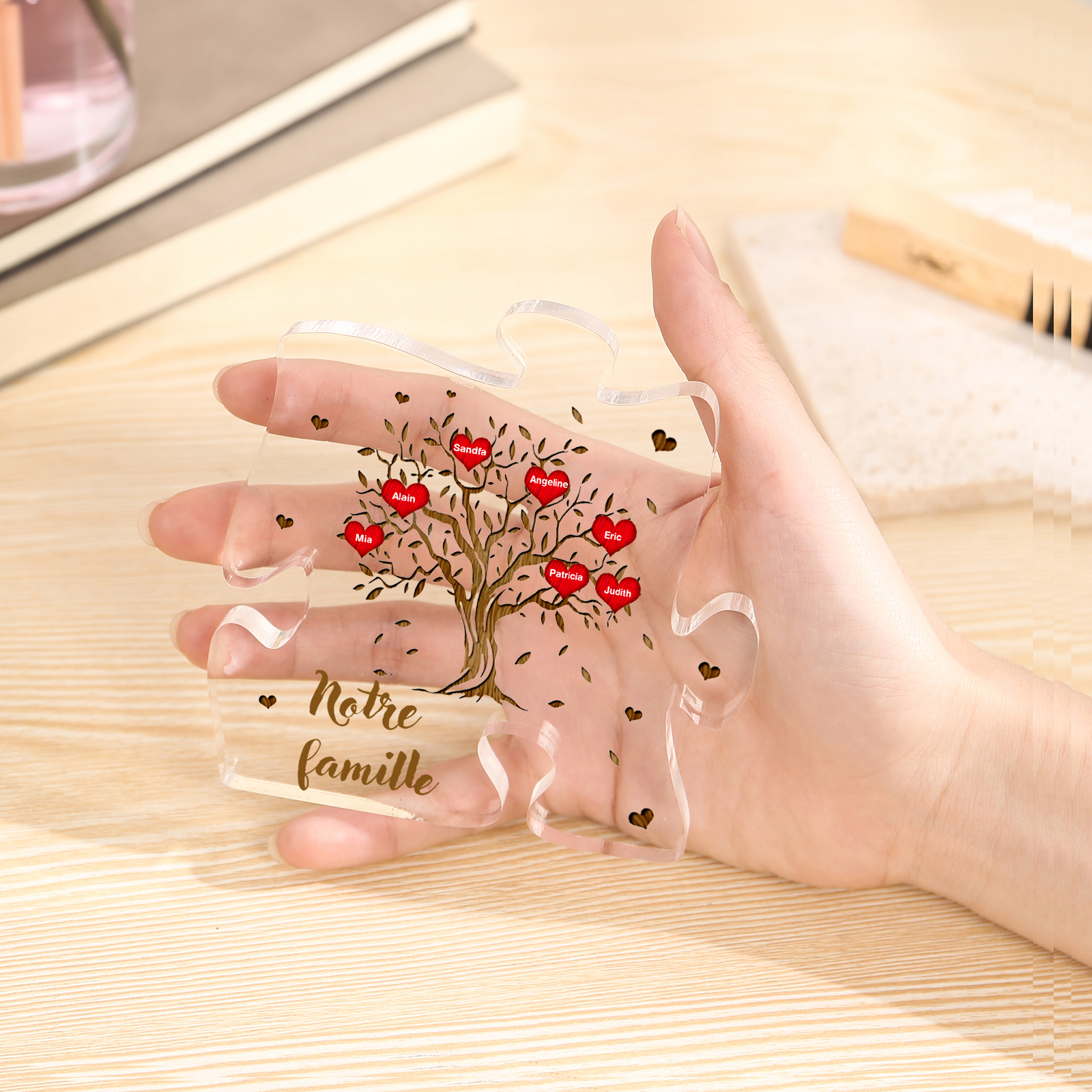 Plaque Acrylique en forme de Puzzle Arbre de Vie 7 Prénoms et Texte Personnalisés