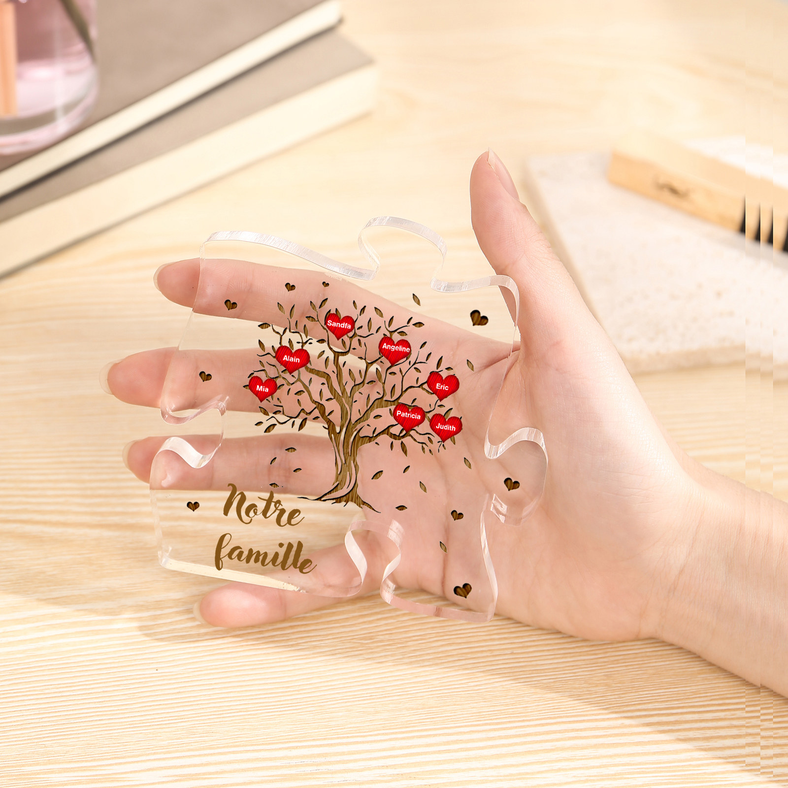 Plaque Acrylique en forme de Puzzle Arbre de Vie 7 Prénoms et Texte Personnalisés