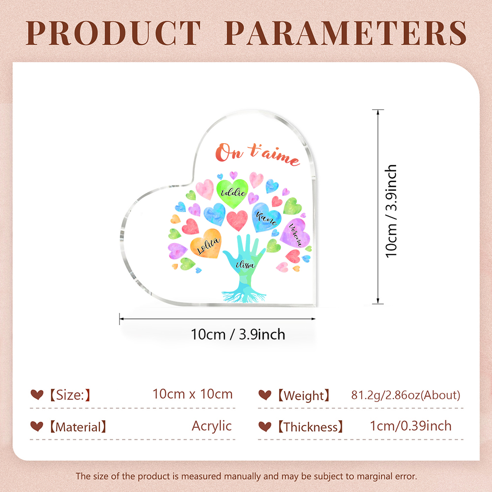 Plaque Acrylique en Forme de Cœur 5 Prénoms Personnalisés avec Texte pour Famille