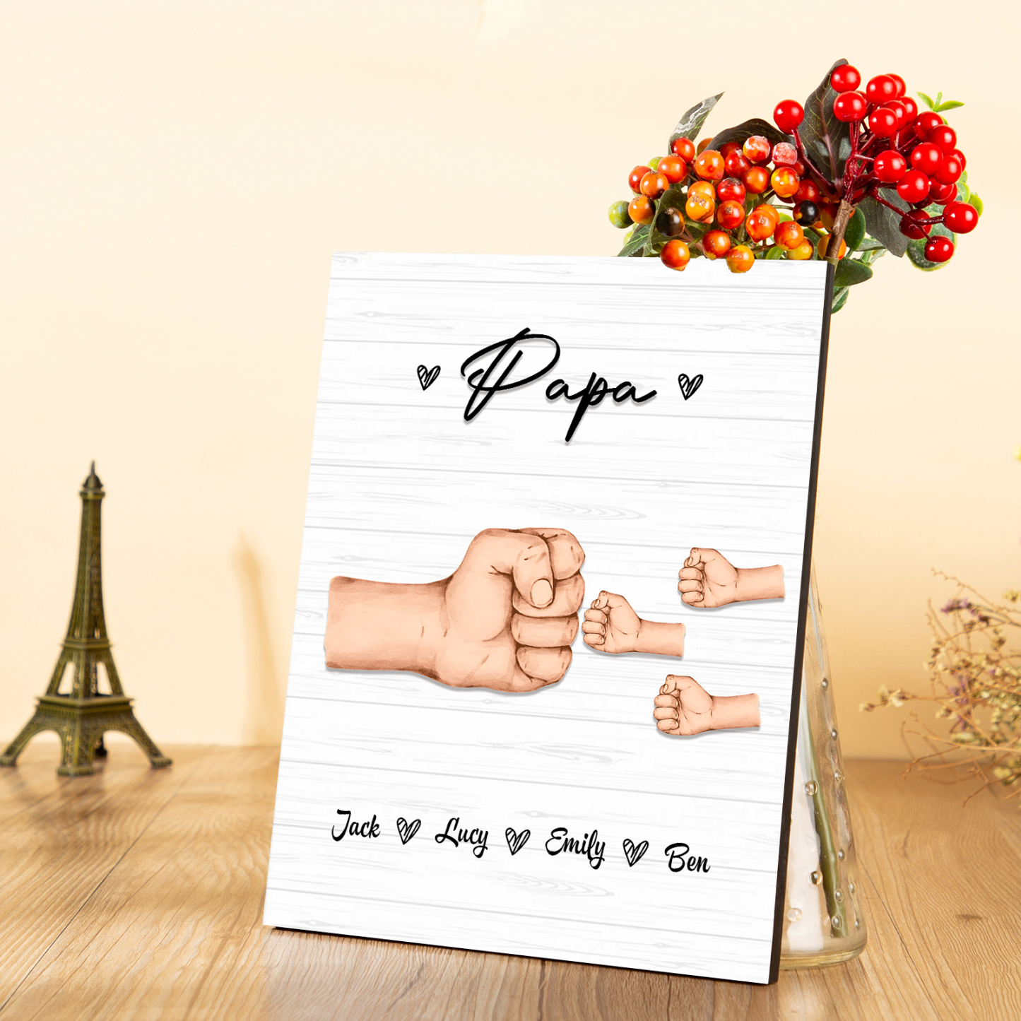 À Mon Papa/Papi-Cadre en Bois Poings 4 Prénoms Personnalisés avec Texte