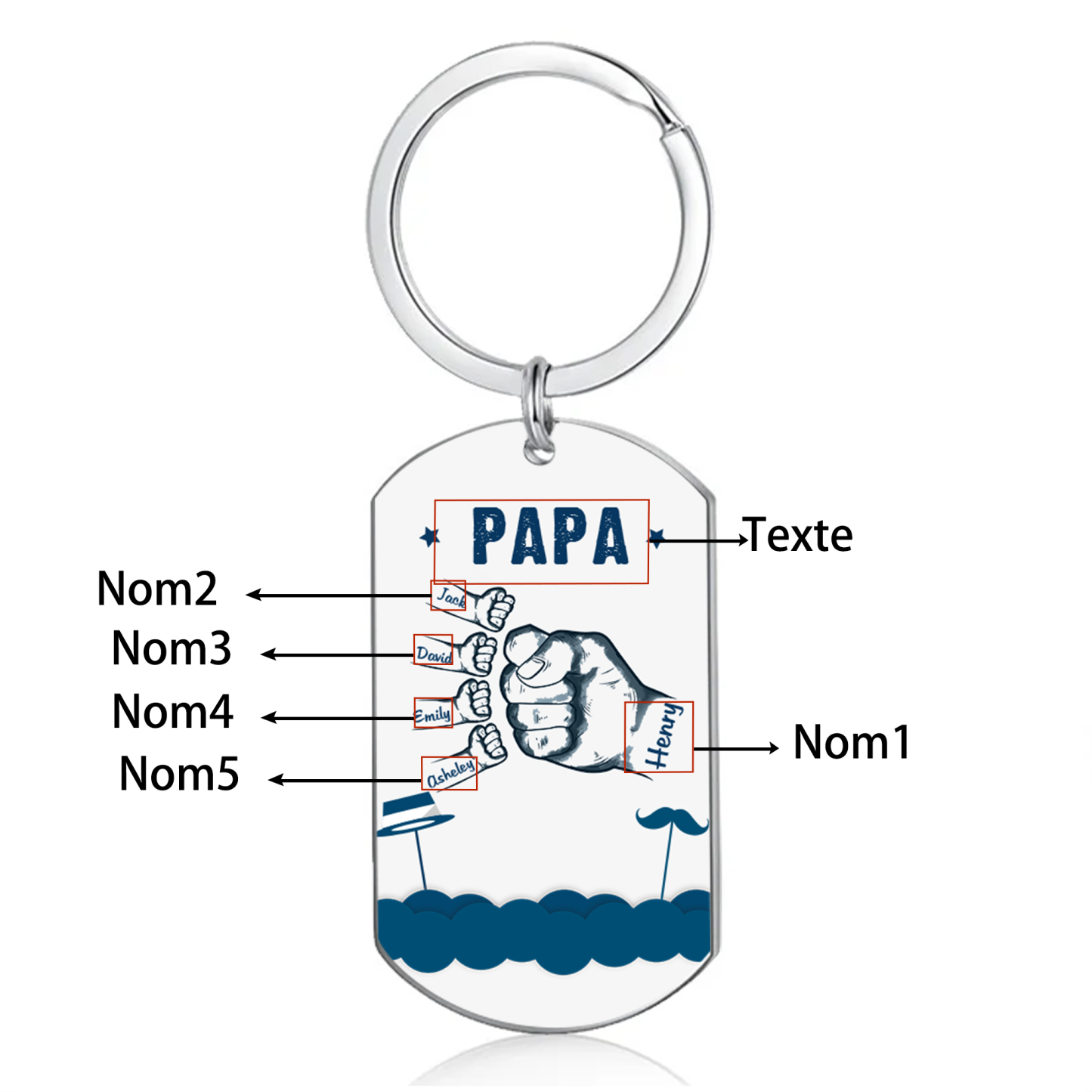À Papa/Papi - Porte-Clés Poings 5 Prénoms Personnalisés