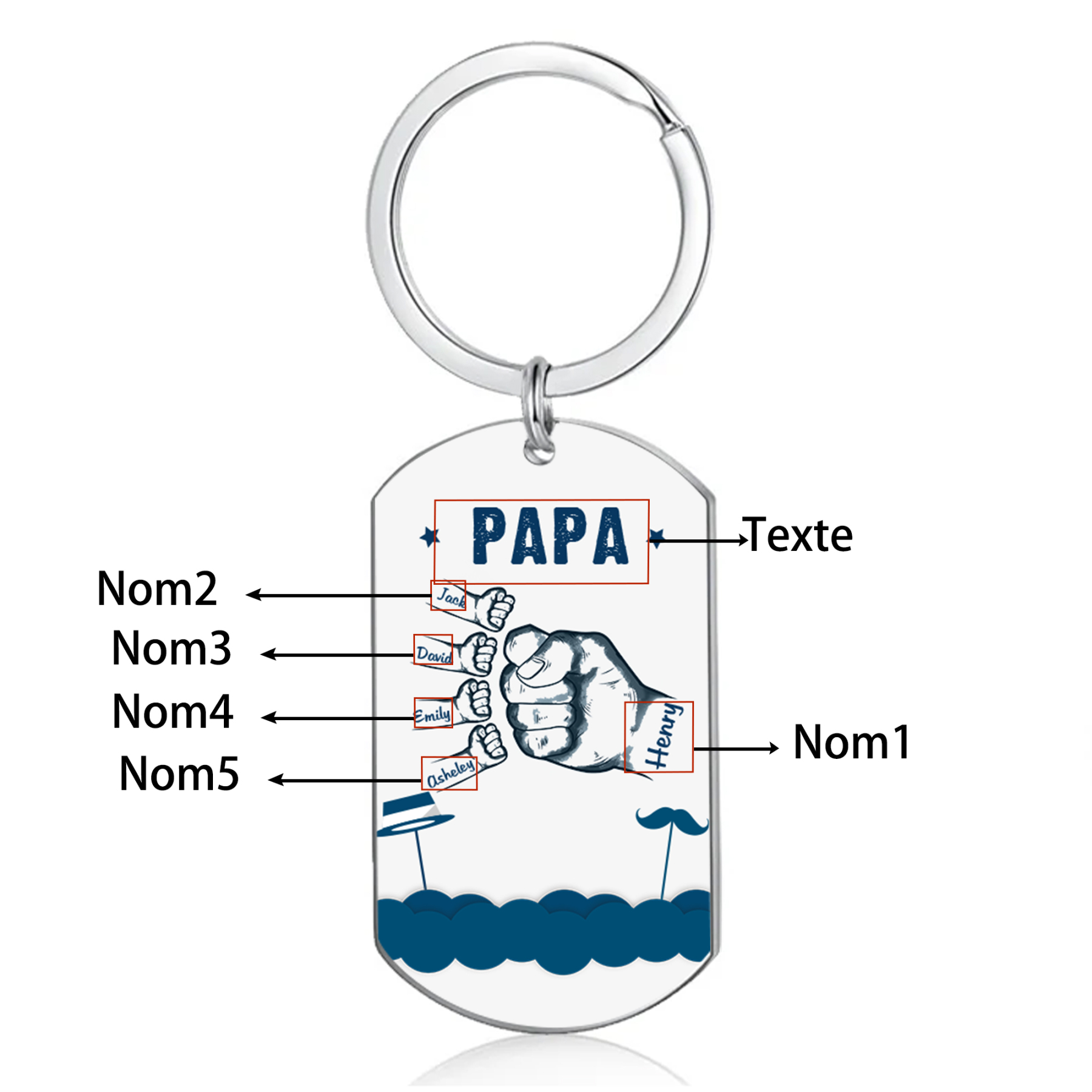 À Papa/Papi - Porte-Clés Poings 5 Prénoms Personnalisés