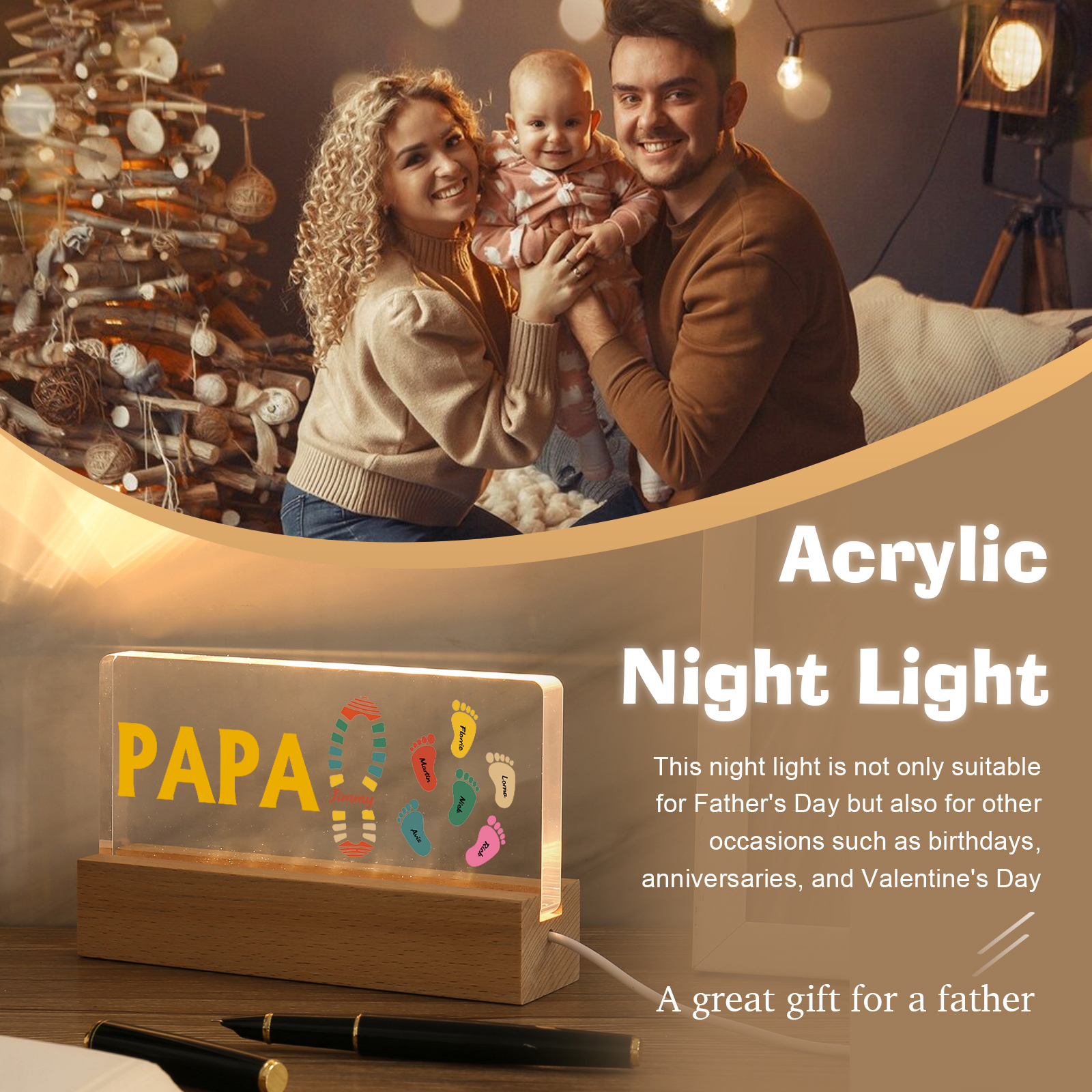 À mon Papa/Papi- Lampe de chevet LED Pieds Bébé 7 Prénoms Personnalisés avec Texte