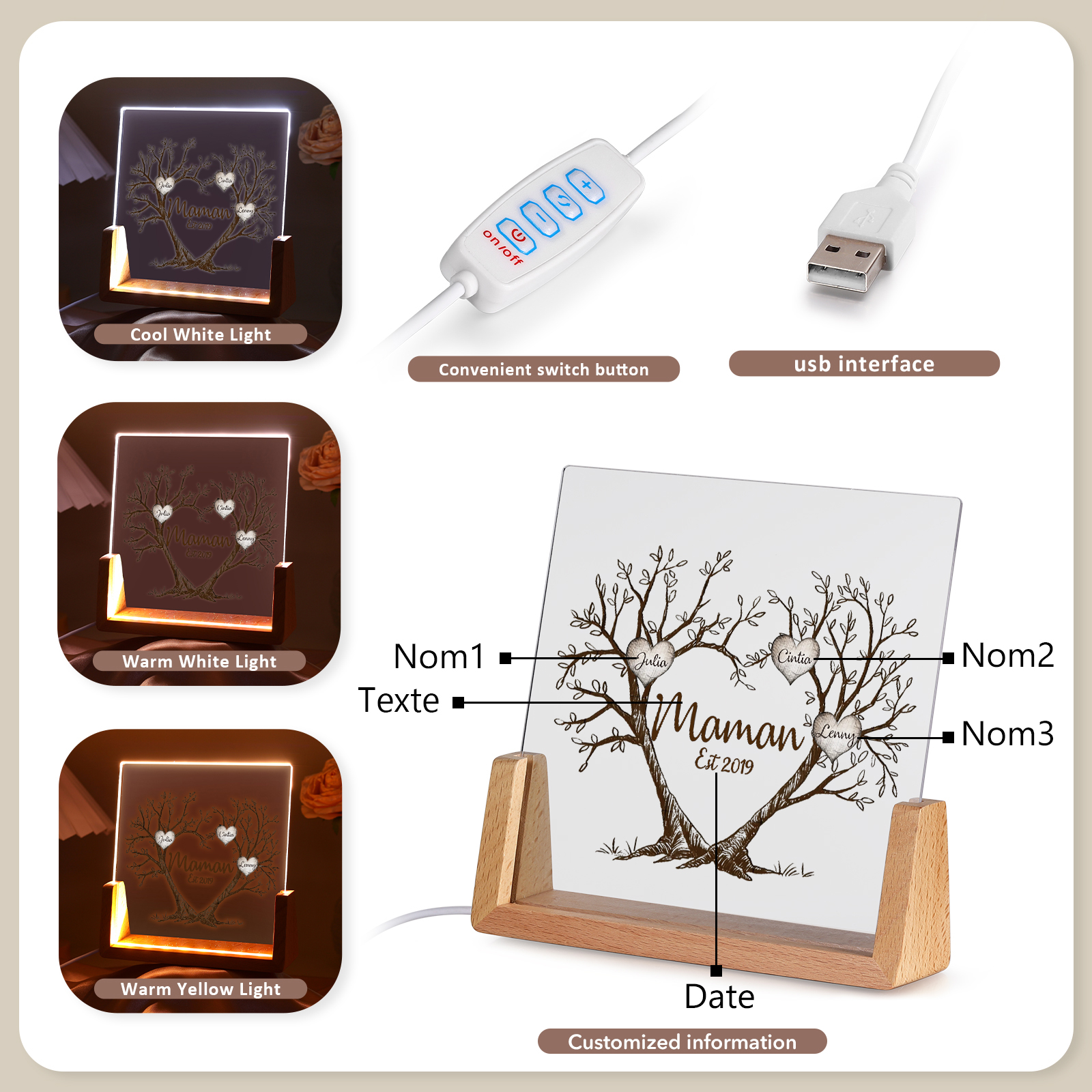 À Maman/Mamie - Lampe de chevet LED Arbre de Vie 3 Prénoms Personnalisés avec Texte et Date pour Famille