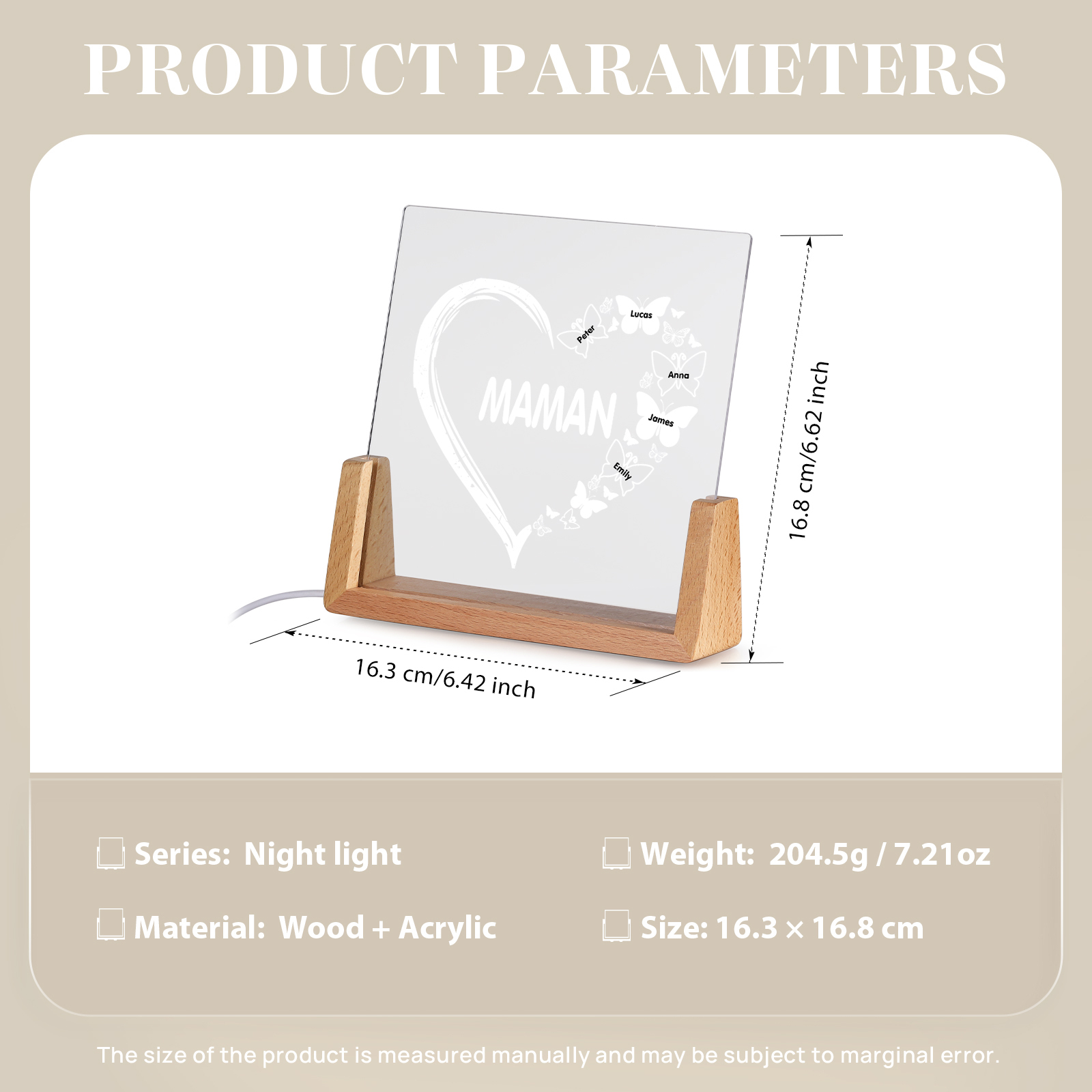 À Maman/Mamie - Lampe de chevet LED Cœur et Papillon 5 Prénoms Personnalisés avec Texte pour Famille