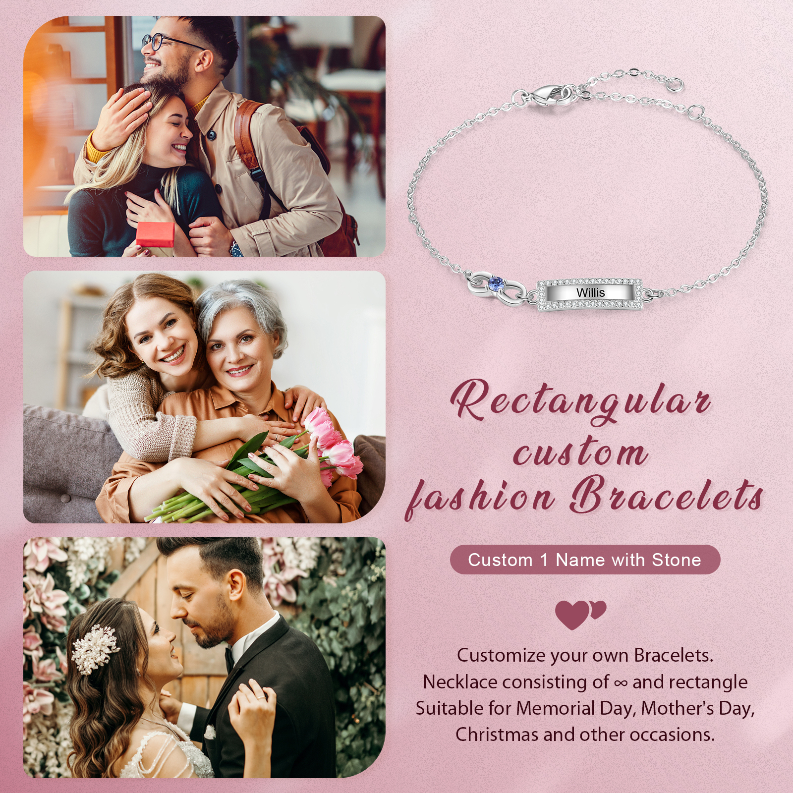 Bracelet Infini 1 Prénom Personnalisé avec 1 Pierre de Naissance