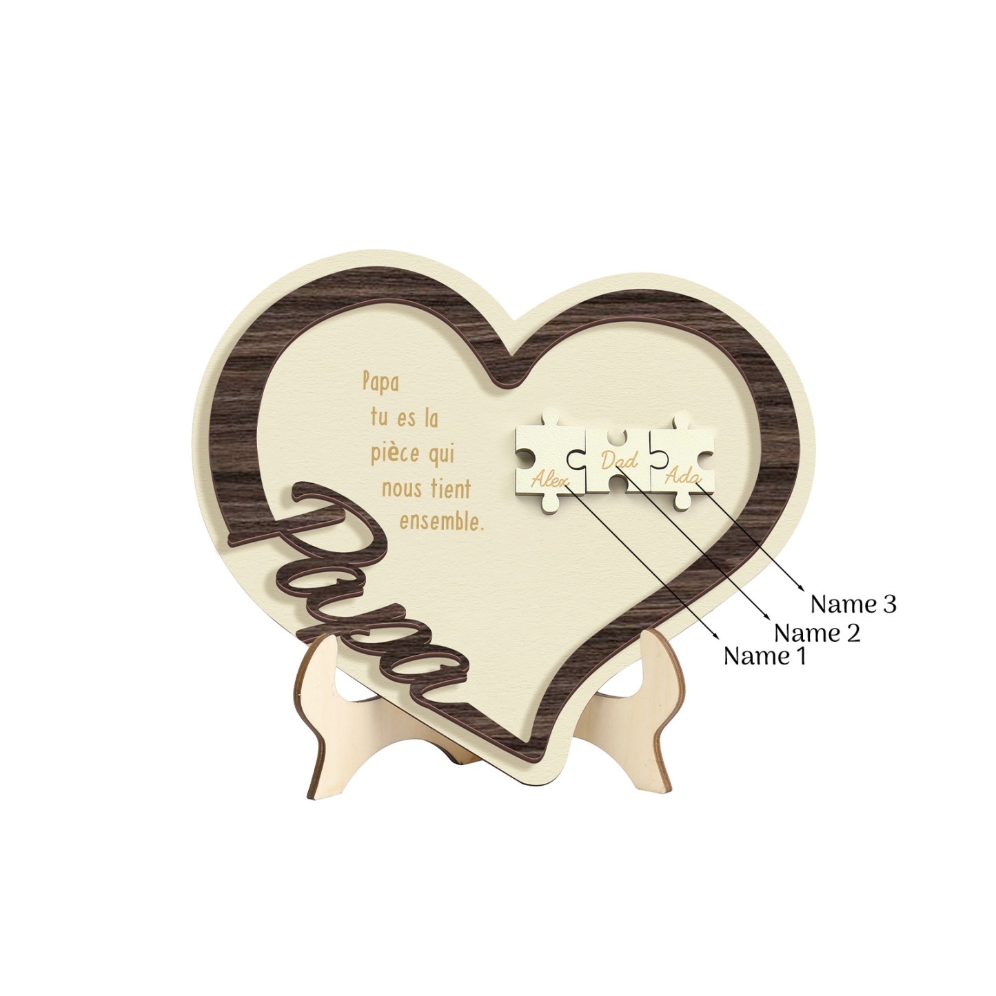 À mon Papa - Décoration en bois Cœur Puzzle 3 Prénoms Personnalisés Ornement pour Famille