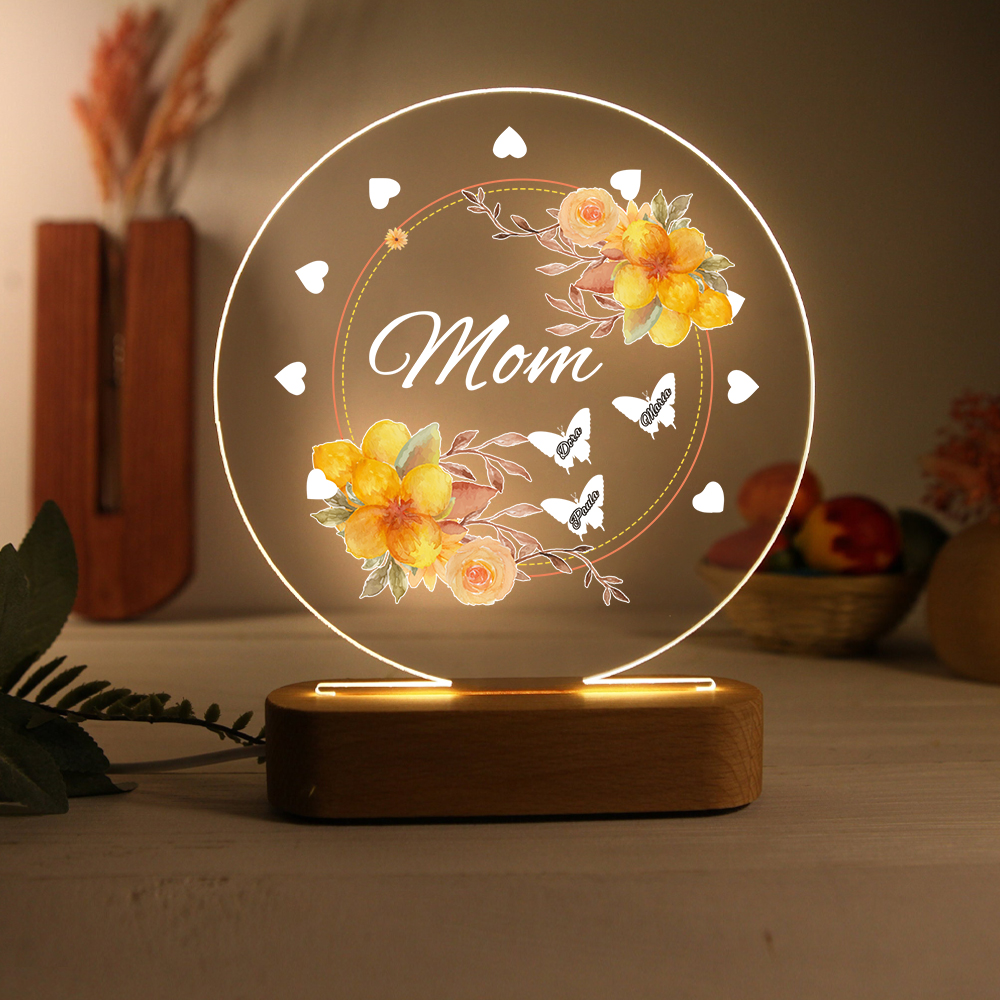 À Maman/Mamie - Lampe de chevet LED Fleurs et Papillons 3 Prénoms Personnalisés avec 1 Texte
