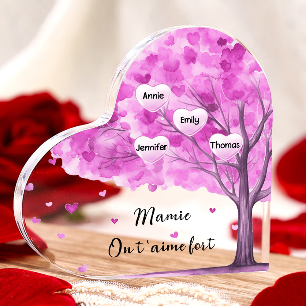 À ma Maman/Mamie - Plaque Acrylique Arbre en Forme de Cœur 4 Prénoms Personnalisés avec 1 Texte