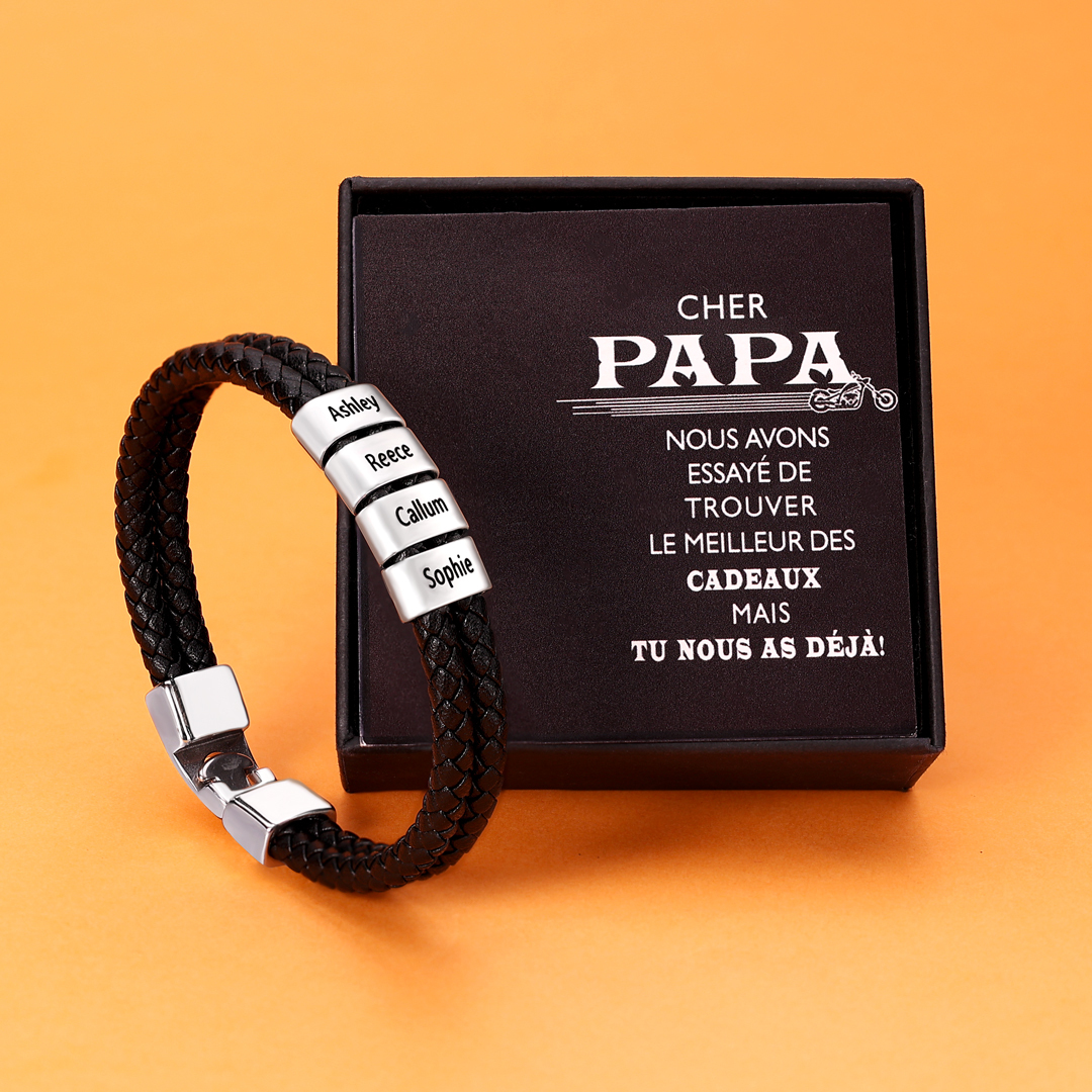 À mon Papa - Bracelet Personnalisé Homme Bracelet Cuir tressé 4 Perles et Prénoms Personnalisés|Jessemade