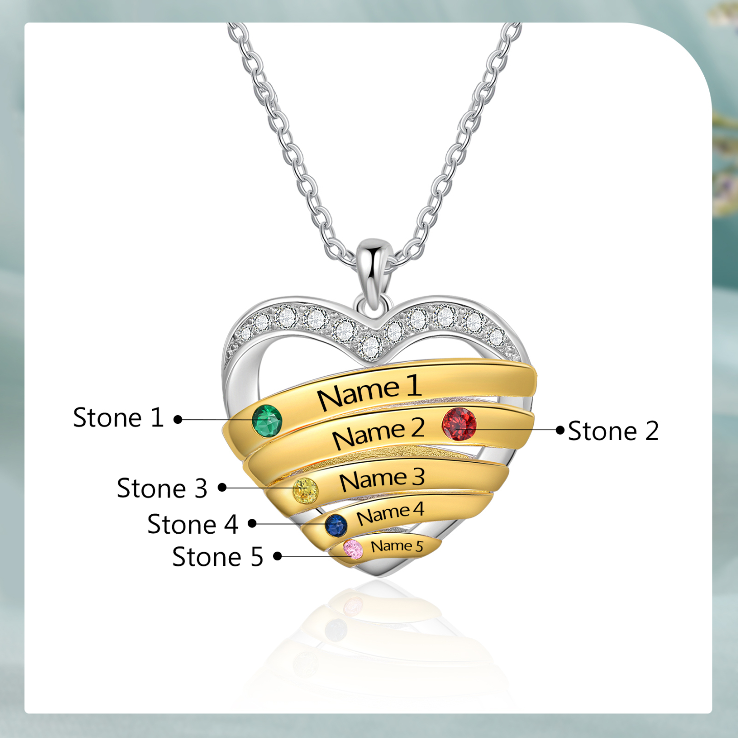 Collier Pendentif Cœur 5 Prénoms Personnalisés avec Pierre de Naissance Collier Femmes