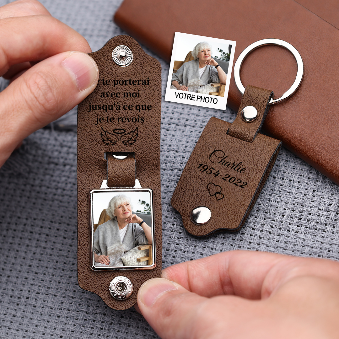 Porte-Clés commémoratif en Cuir 1 Prénom et Photo Personnalisés Avec Date