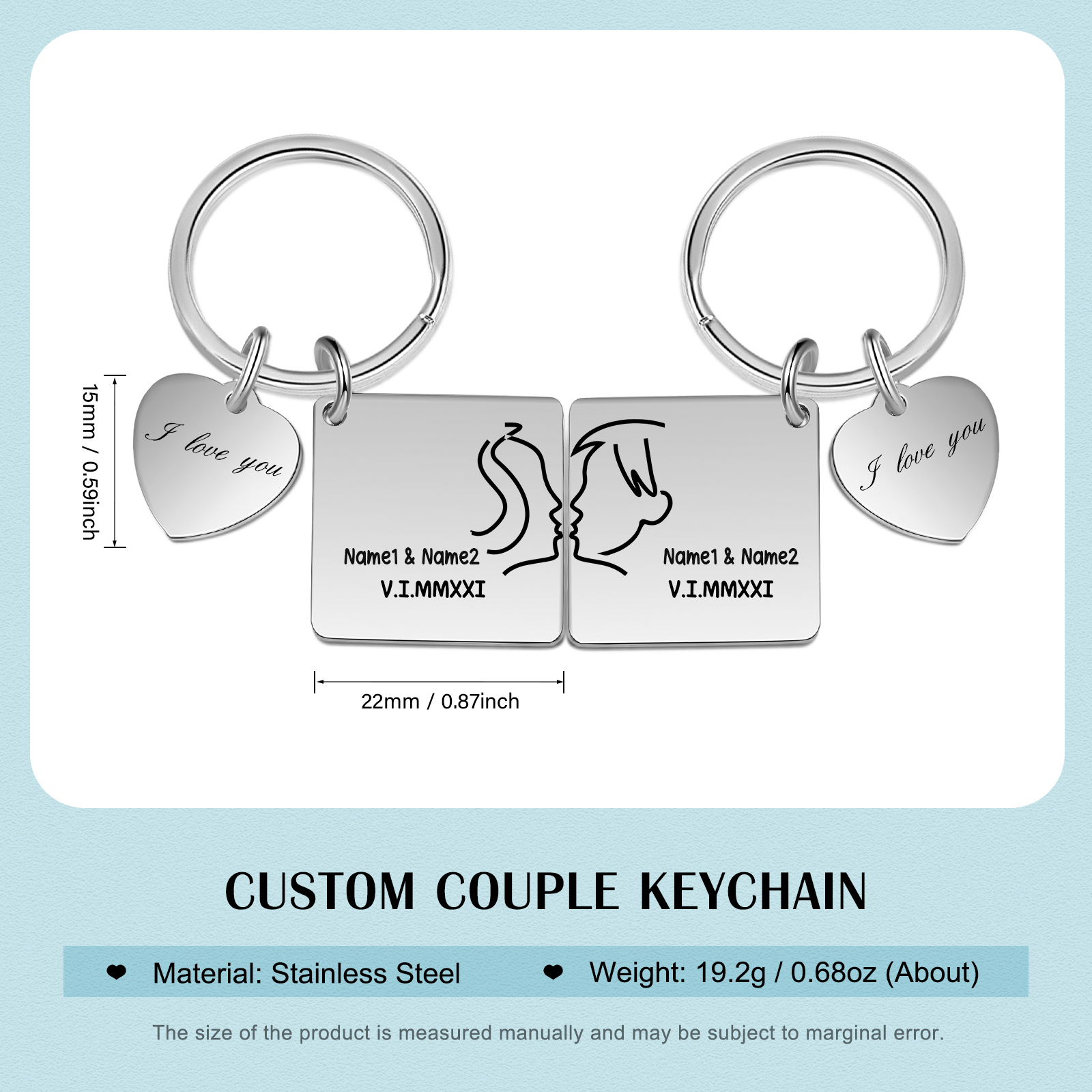 Porte-Clés Cœur 2 Prénoms Personnalisé avec date et 2 lettres | Jessemade