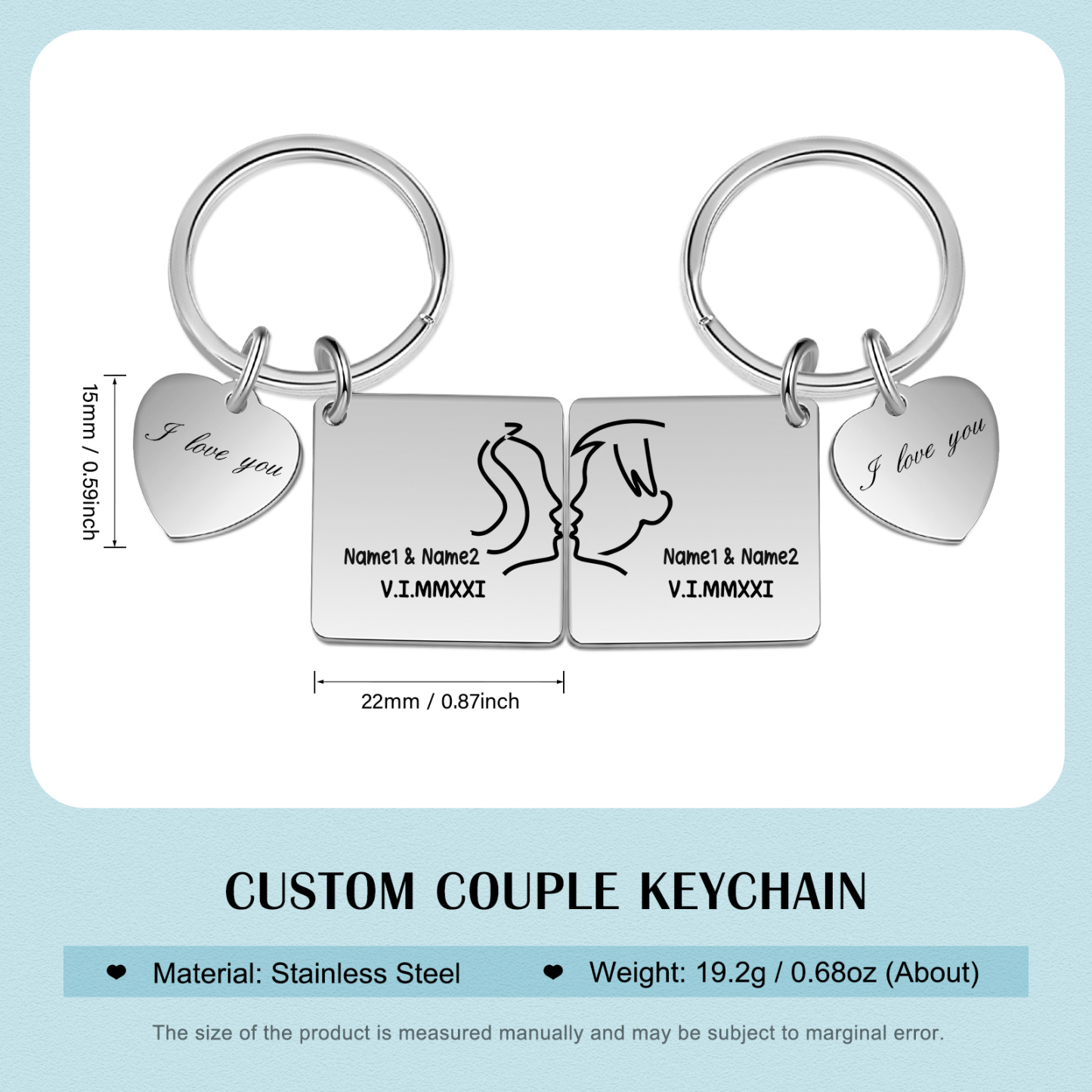 Porte-Clés Cœur 2 Prénoms Personnalisé avec date et 2 lettres | Jessemade