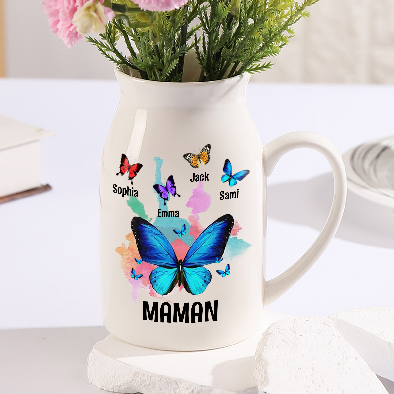 Vase à Fleurs Papillons 4 Prénoms Personnalisés avec Texte Décoration de la Maison