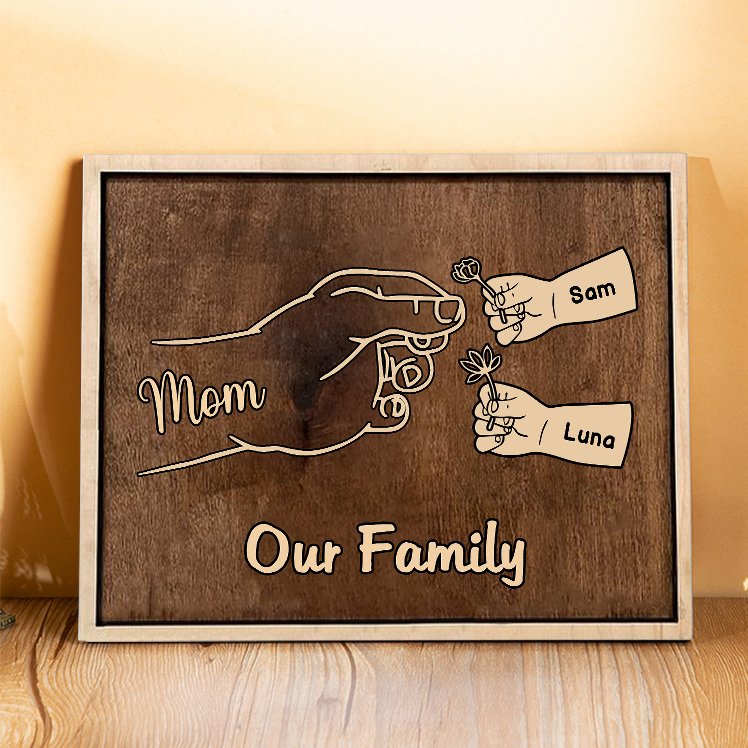 À Maman/Mamie - Cadre en Bois Main et Enfants 3 Prénoms Personnalisés avec Texte Cadeau pour Famille