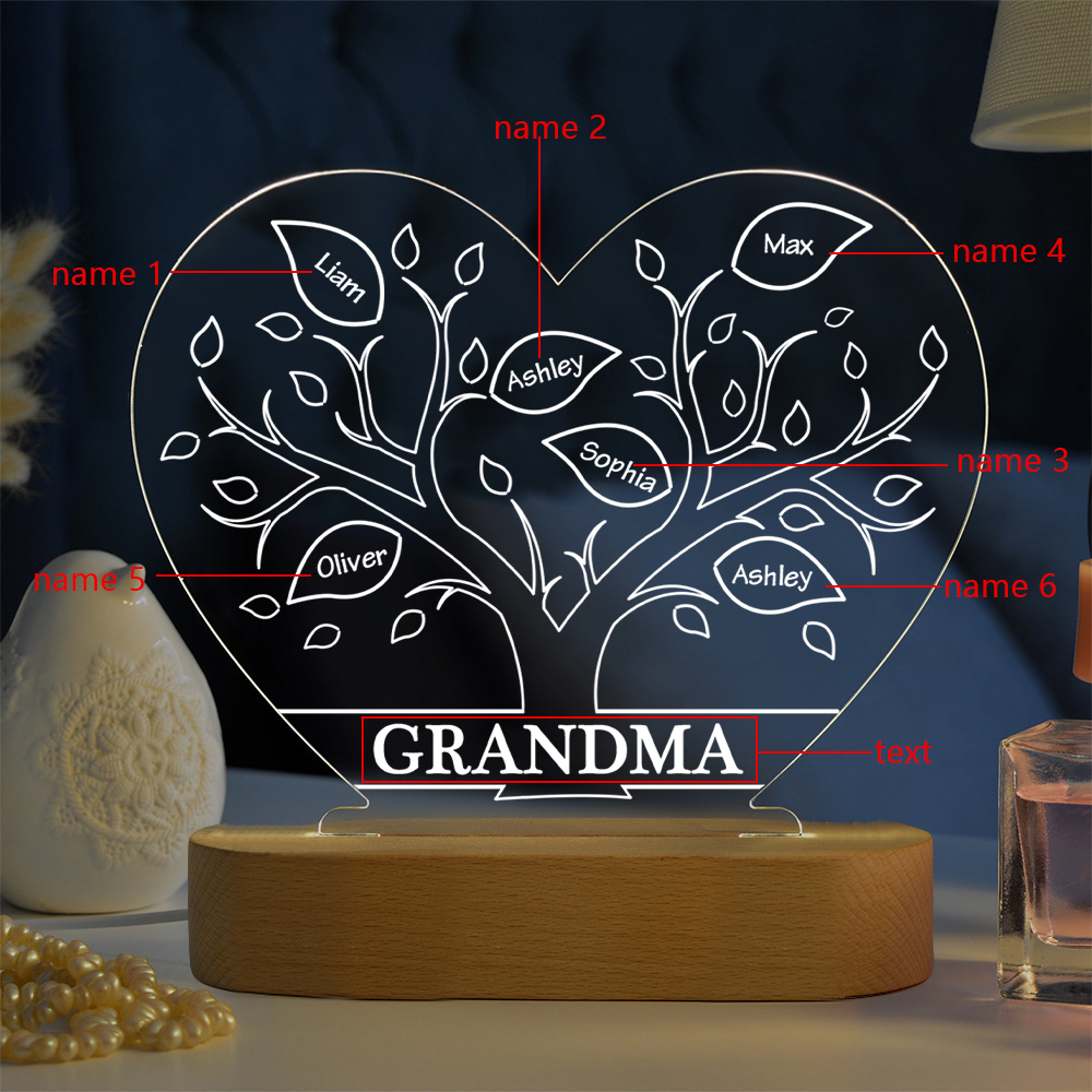 À Maman/Mamie - Lampe de chevet LED Arbre 6 Prénoms Personnalisés avec 1 Texte