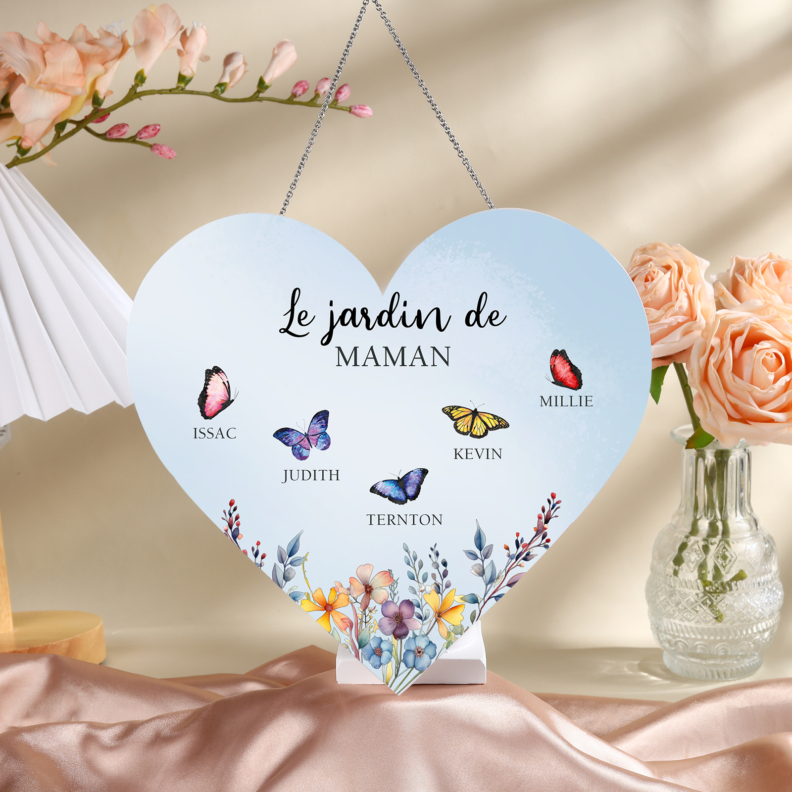 À Maman/Mamie - Veilleuse Cœur Décoration Fleur et Papillon 5 Prénoms Personnalisés avec 1 Texte