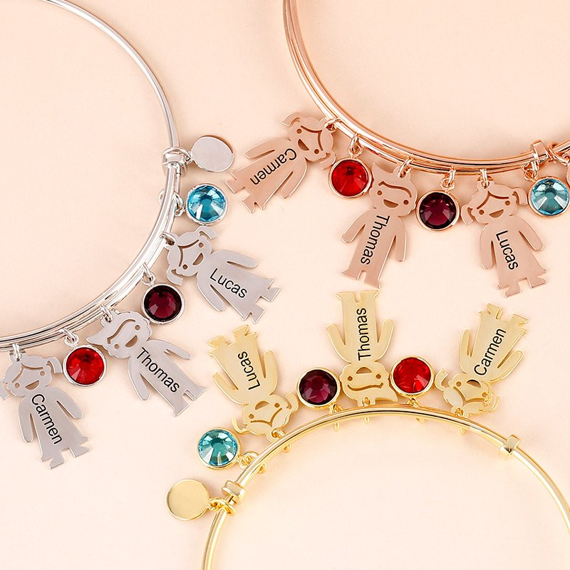 Bracelet Personnalisé pour Enfant avec 3 Noms et Pierres de Naissance | Cadeau Unique