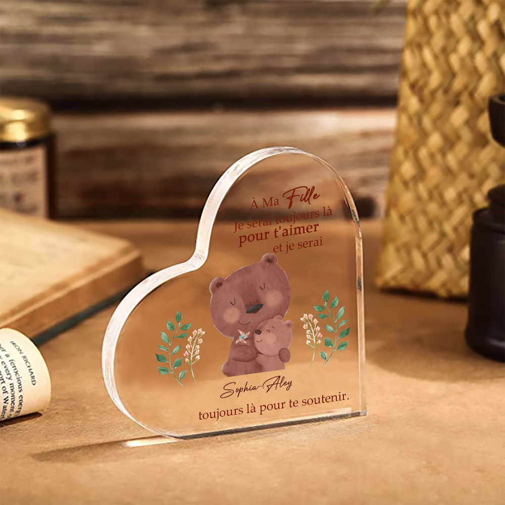À ma Fille - Plaque Acrylique Ours en Forme de Cœur 2 Prénoms Personnalisés