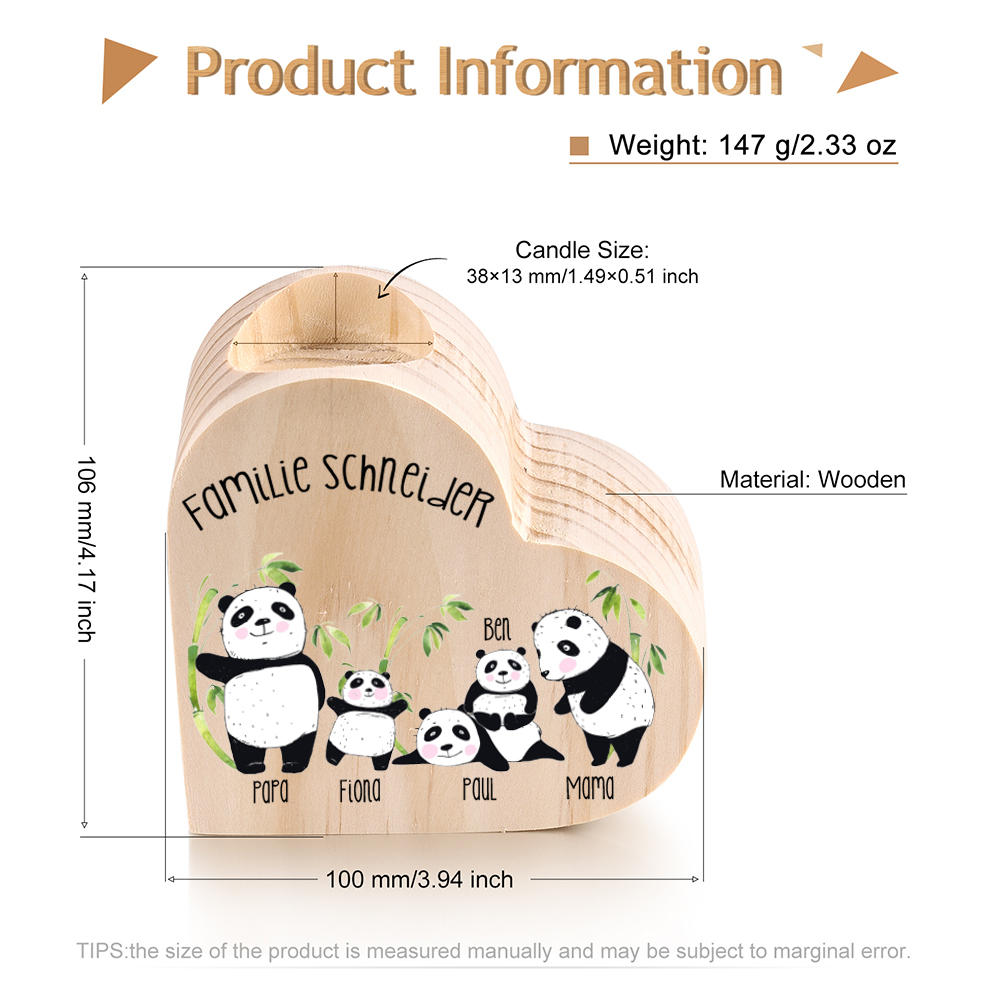 Bougeoirs en Bois Panda sans bougie 5 Prénoms Personnalisé avec 2 textes