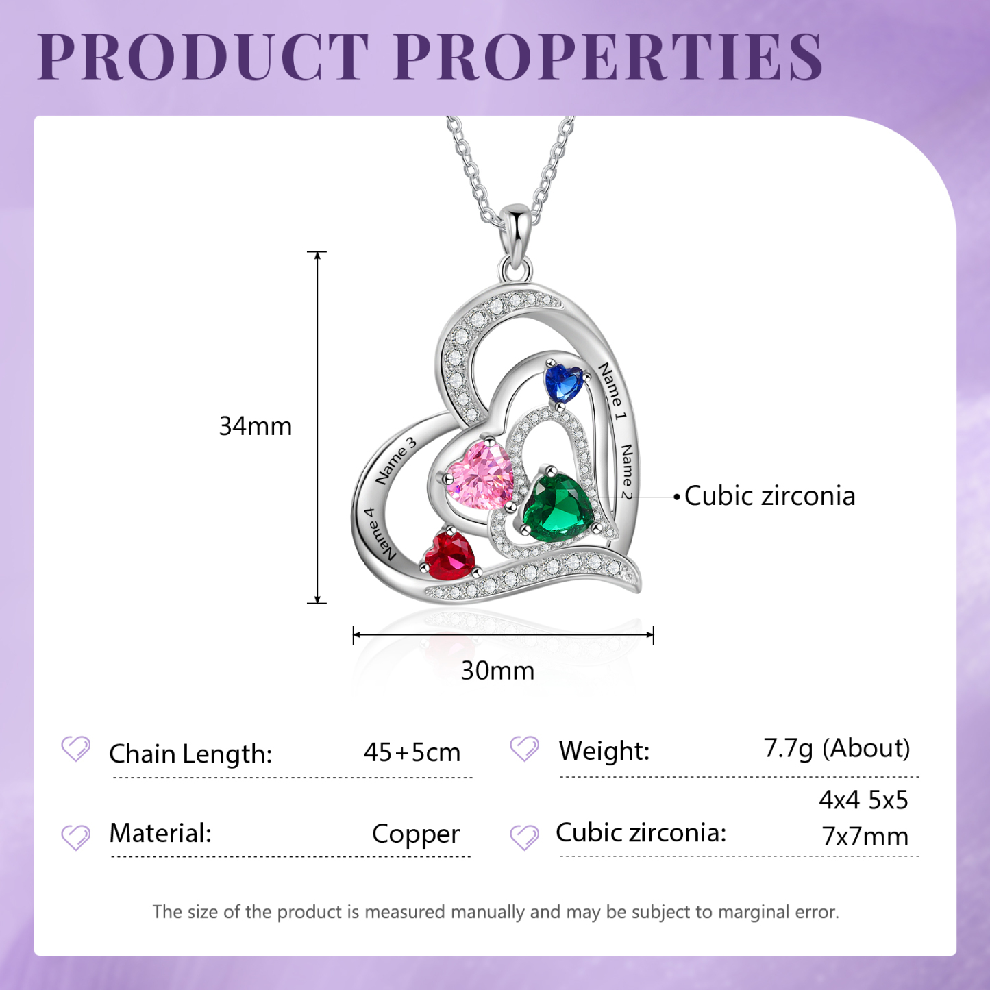 Collier Pendentif Cœur 4 Prénoms Personnalisés avec 4 Pierres de Naissance Collier Femmes