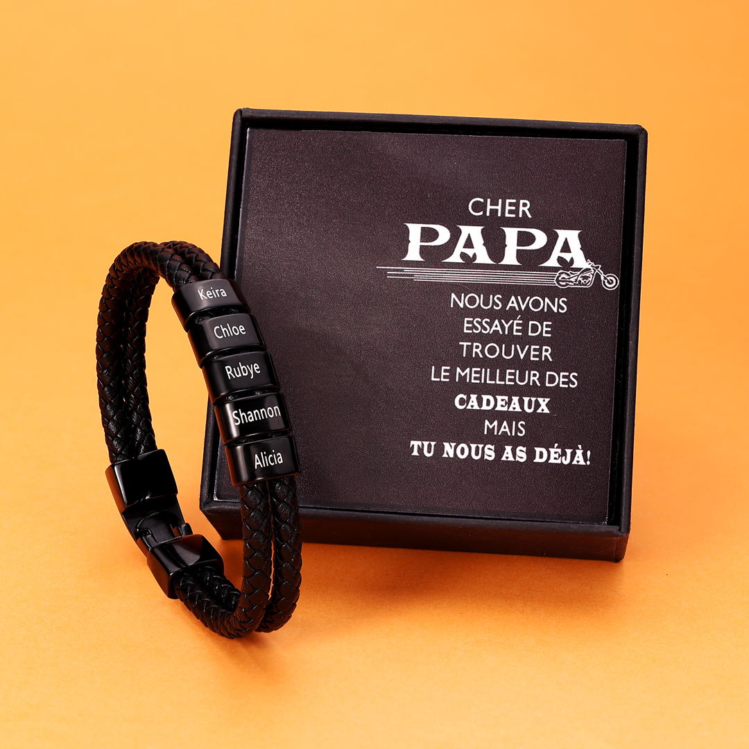 À mon Papa - Bracelet Cuir tressé 5 Perles et Prénoms Personnalisés Bracelet Hommes