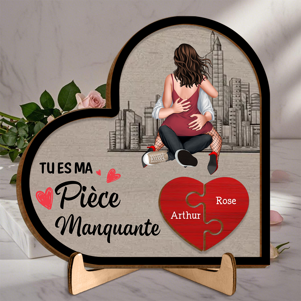 Plaque en Bois Cœur Puzzle avec Socle pour Couple, «Tu es ma pièce manquante»