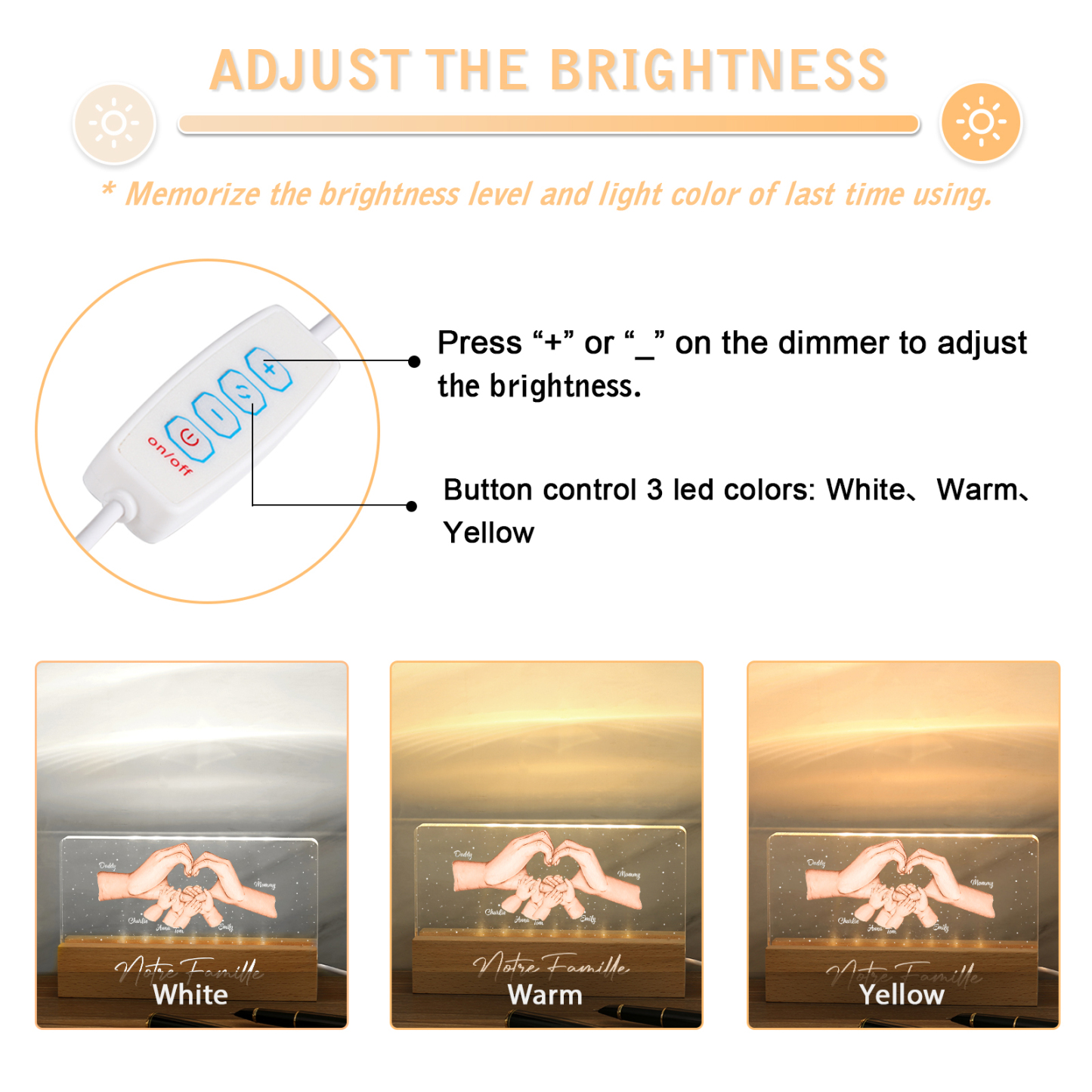À ma Famille- Lampe de chevet LED la Main dans la Main 6 Prénoms Personnalisés avec Texte