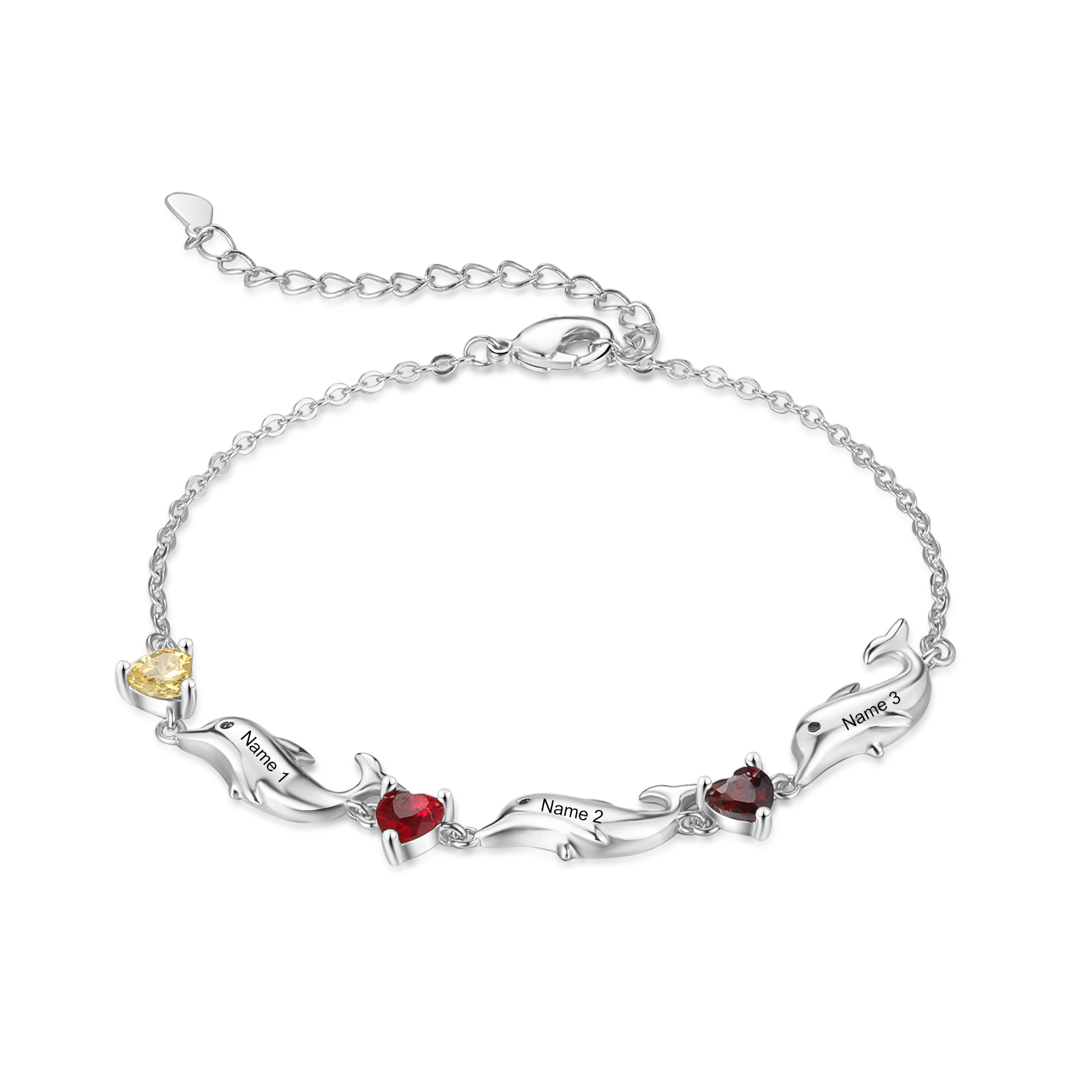 Bracelet dauphin 3 Prénoms Personnalisé avec 3 Pierres de Naissance