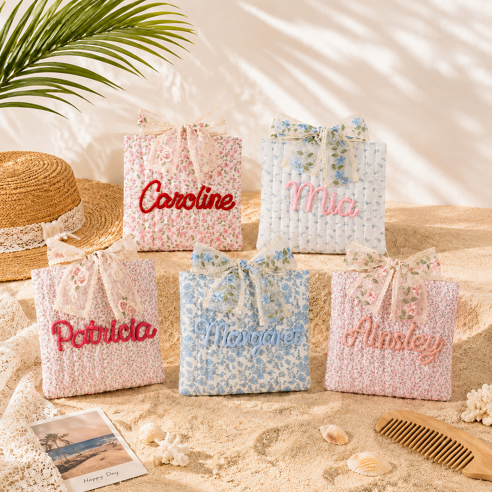 Trousse de maquillage florale personnalisée avec nœud en dentelle