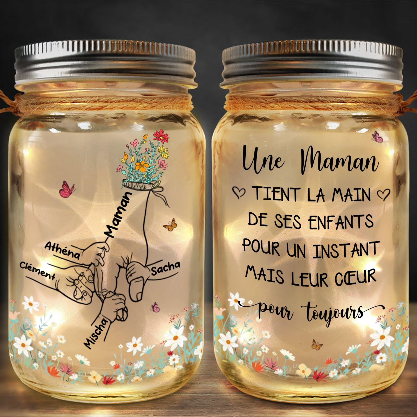 Bouteille Lumineuse Solaire Personnalisé la Main dans la Main Bocal en verre pour Maman