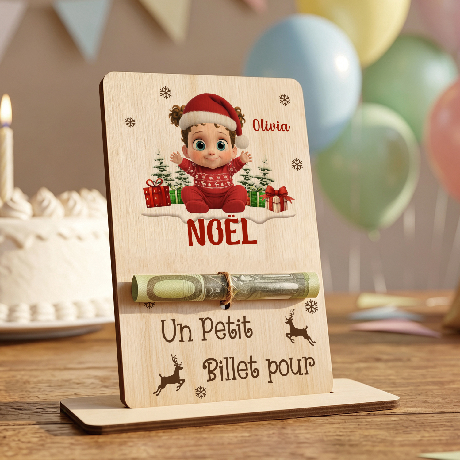 Porte-Billet en Bois Personnalisé avec Prénom pour offrir de l’argent à Noël aux enfants