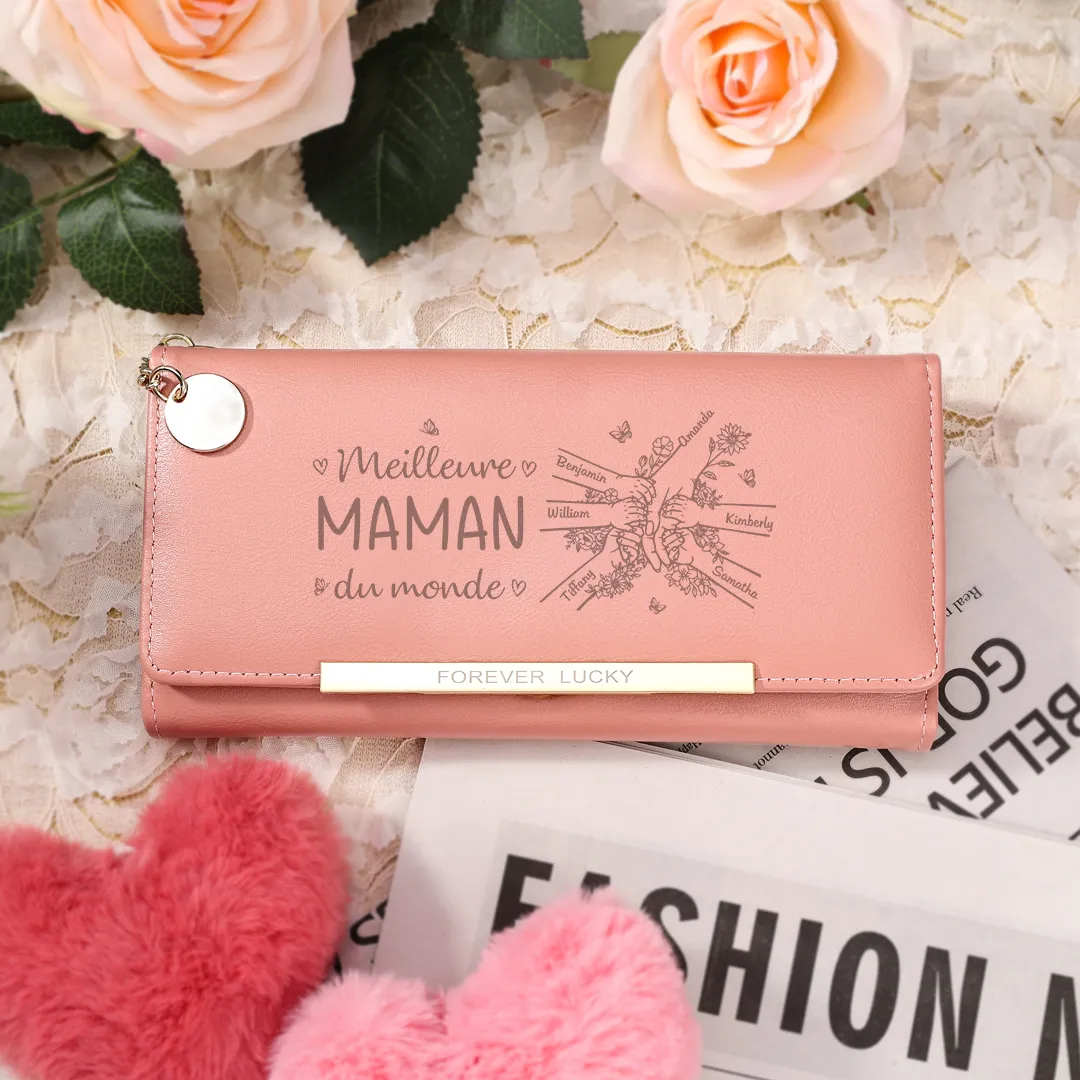 À Maman -Portefeuille Personnalisé long en cuir PU avec 2-7 Prénoms La Main Dans La Main Porte-monnaie pour Maman | Jessemade