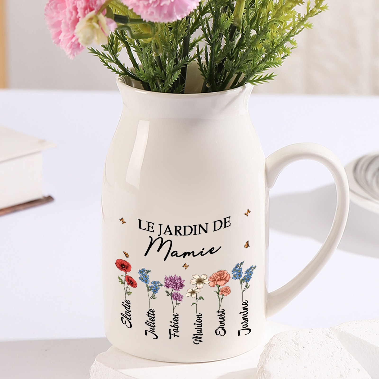 À Maman - Vase à Fleurs Personnalisé avec 5 Prénoms et 1 Texte la Main dans la Main Décoration de la Maison (sans plantes) | Jessemade