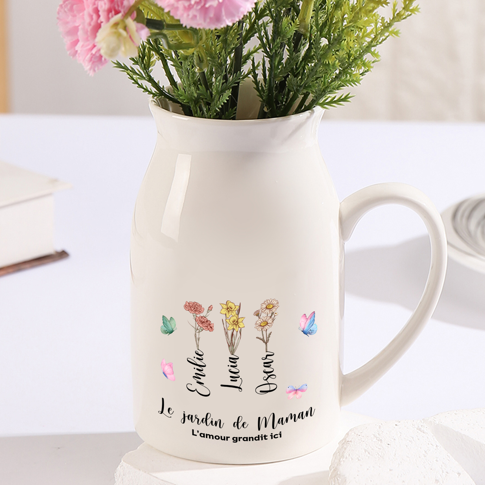 [Copy]Vase Personnalisé avec 2-8 Prénoms et 1 Texte Vase en Céramique Motif la Main dans la Main (sans fleurs) | Jessemade